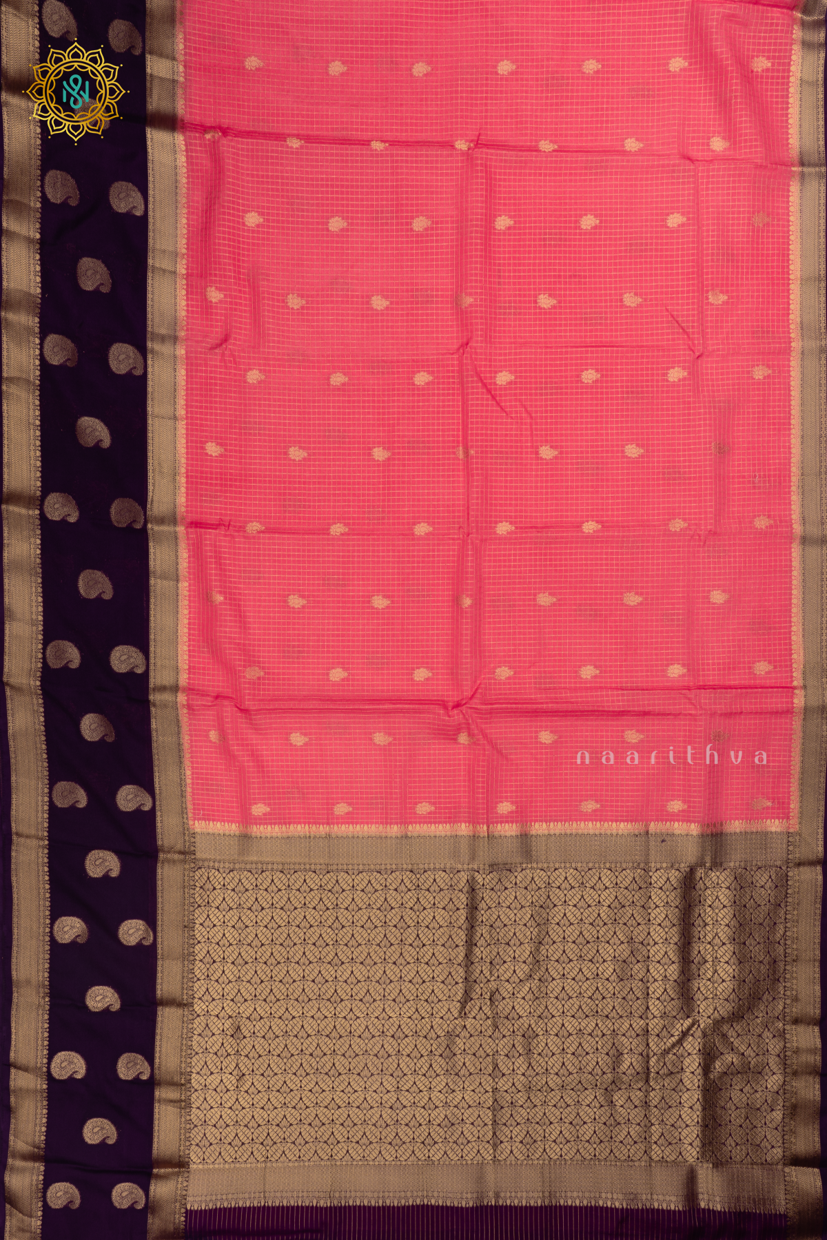 Light Pink with Purple Semi Mysore Crepe Silk Saree with All-Over Zari Checks and Buttas and a Contrast Zari Gap Border