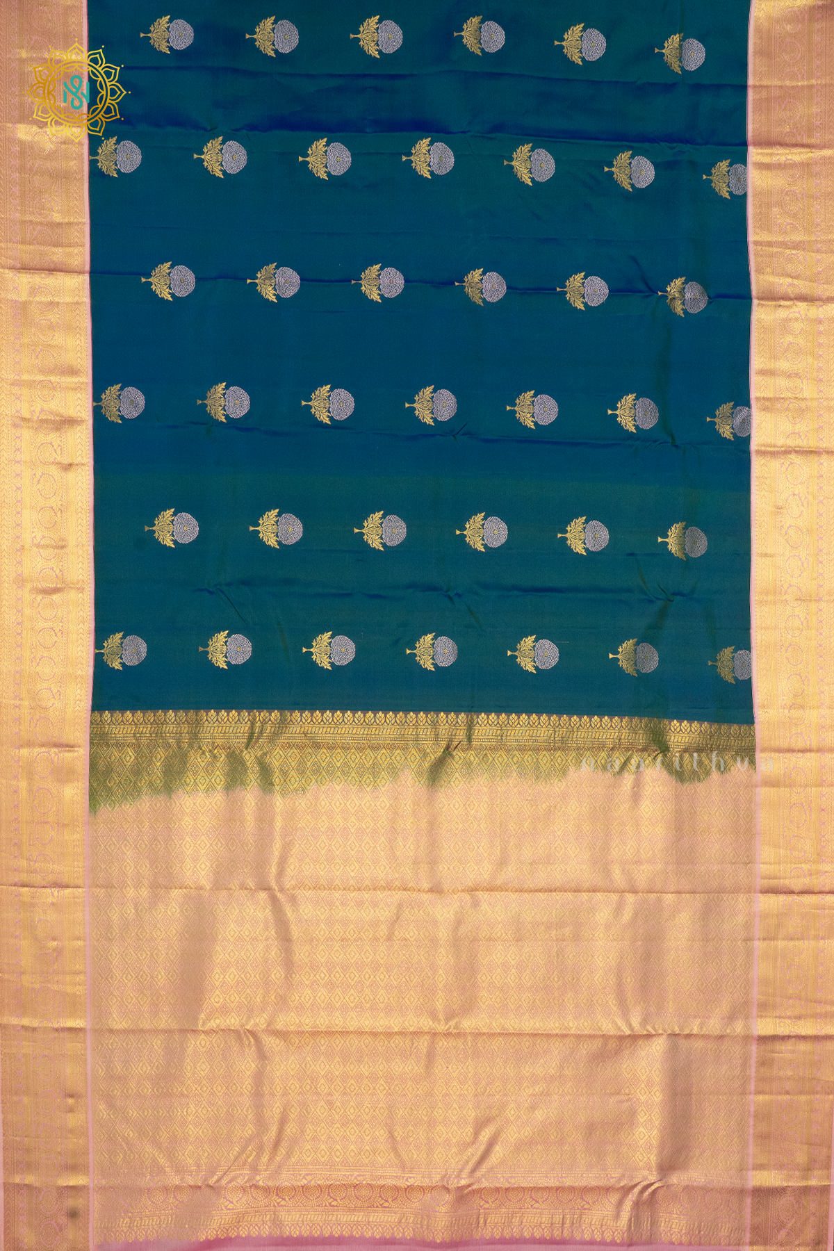 PEACOCK BLUE WITH PEACH - PURE KANJIVARAM SILK