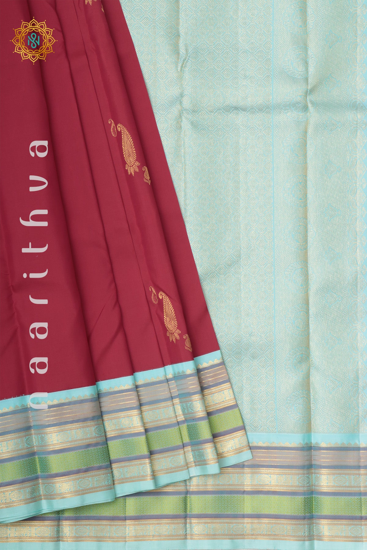 RED WITH AQUA BLUE - PURE KANJIVARAM SILK