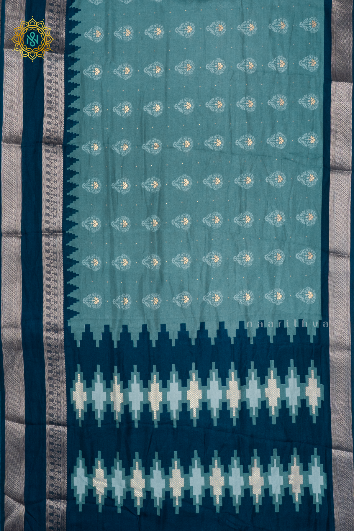AQUA GREEN WITH PEACOCK GREEN - SEMI GEORGETTE