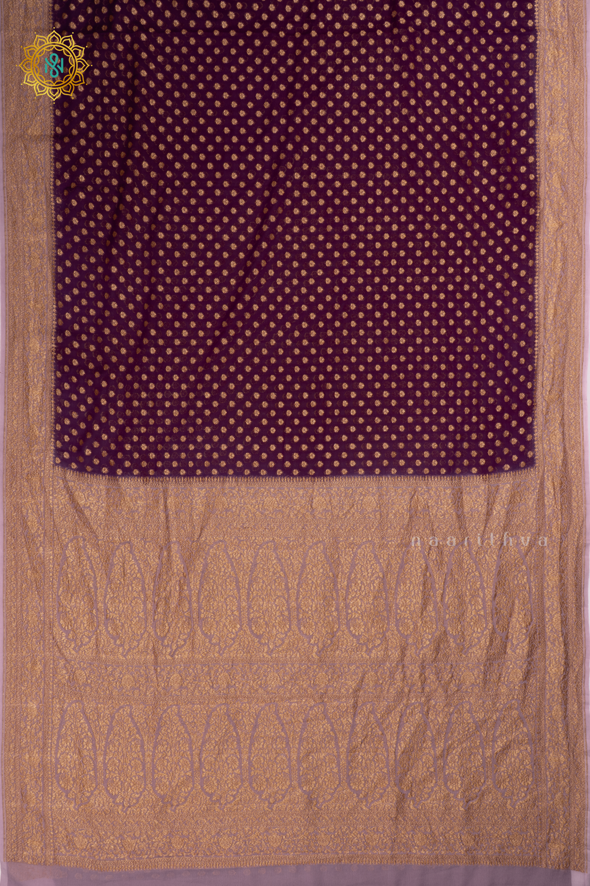 Wine with Lavender - Pure Banarasi Georgette Saree Allover Zari Buttas with Contrast Zari border