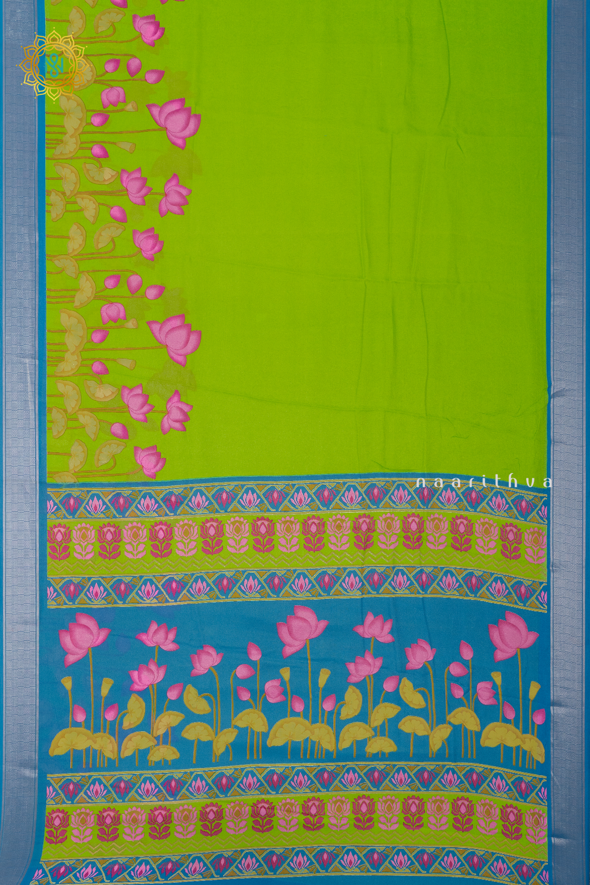 PARROT GREEN WITH SKY BLUE - SEMI GEORGETTE