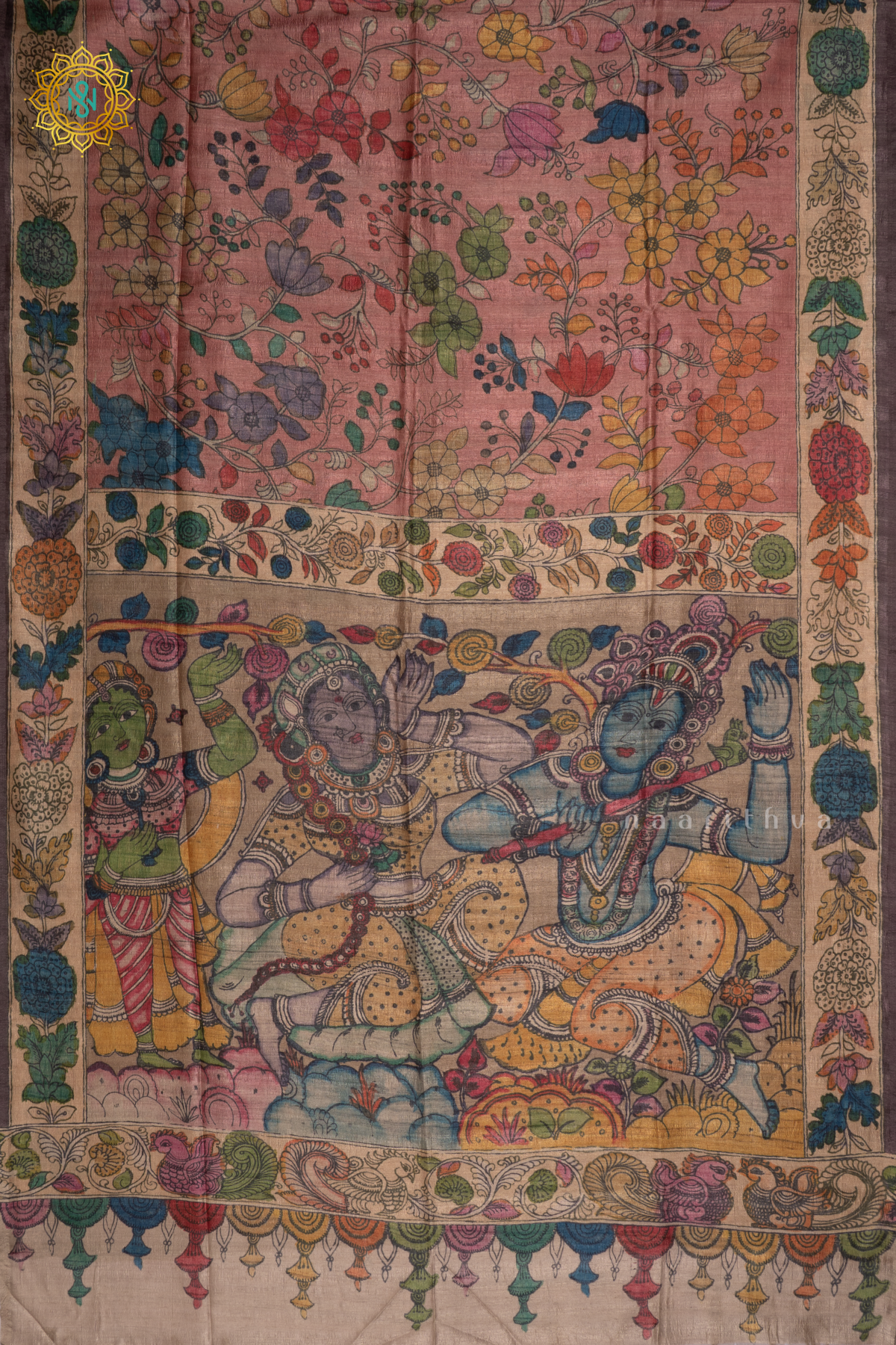 PEACH WITH BEIGE - SEMI GICHA TUSSAR SAREE ALLOVER KALAMKARI PRINTED BODY WITH PALLU AND BLOUSE