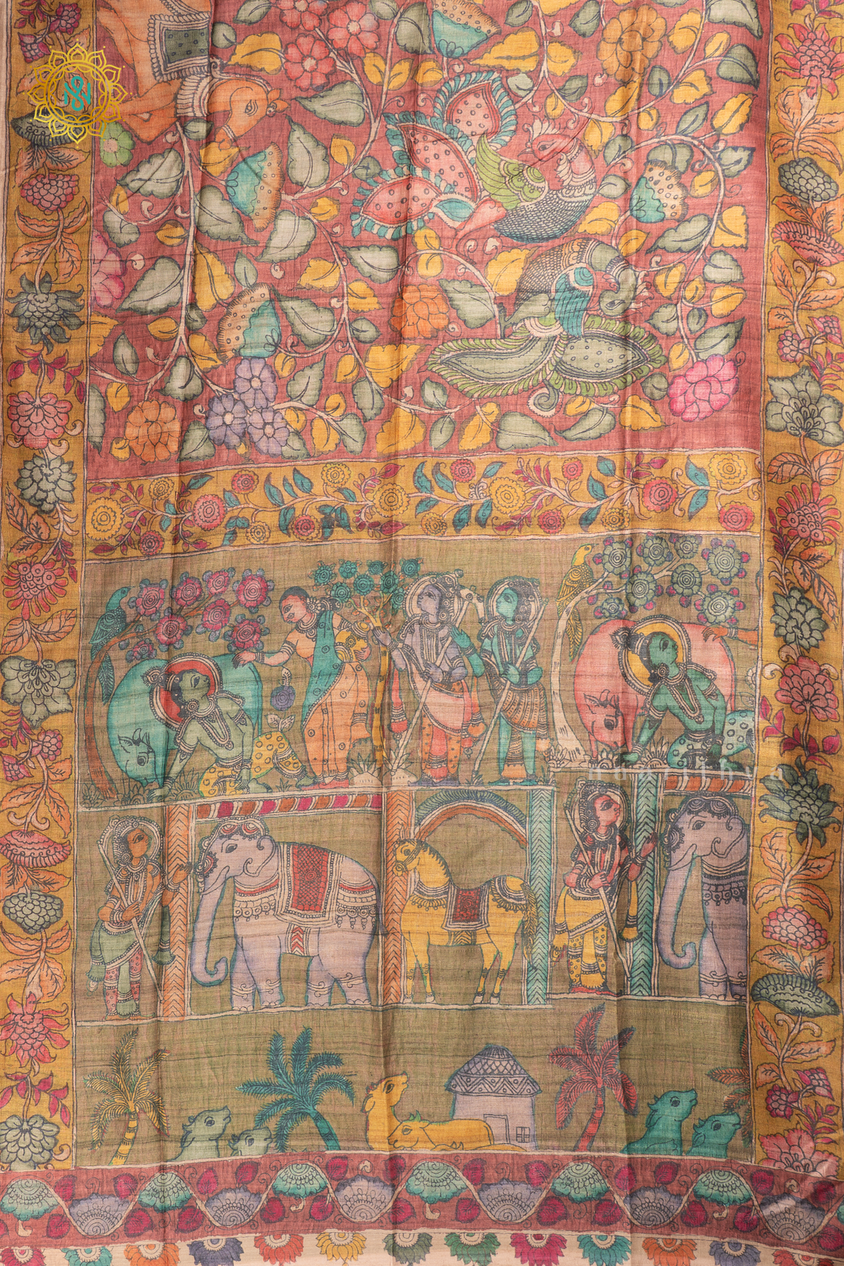 Peach With Light Brown - Semi Gicha Tussar Saree Allover Kalamkari Printed Body With Pallu And Blouse