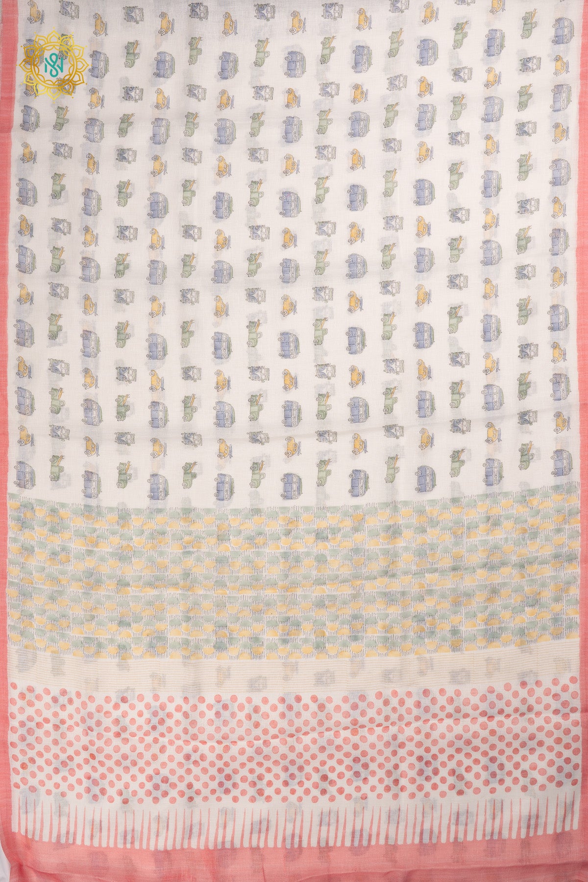 White with Peachish Pink Linen Cotton Saree with Allover Pastel Vintage Vehicle Prints and Contrast Border