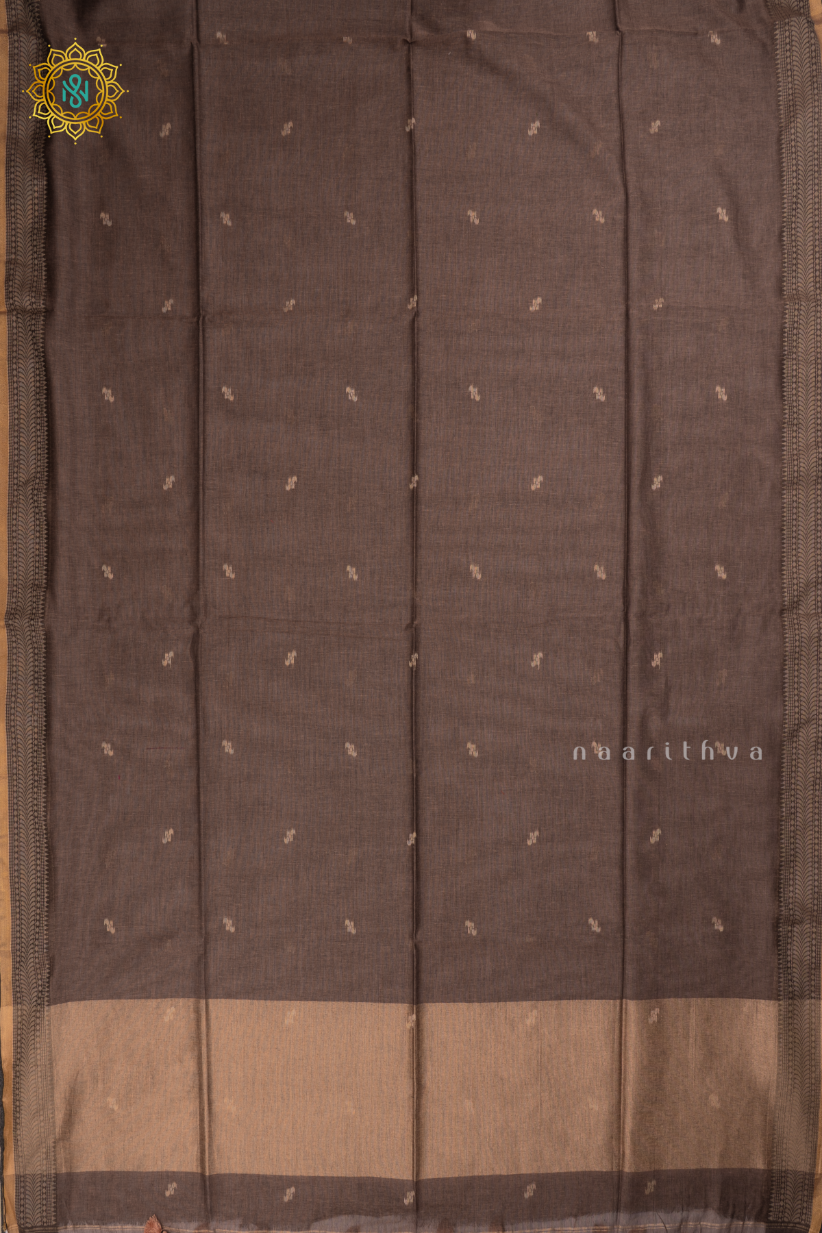 Ash Brown Mul Cotton Saree Thread Woven Buttas On The Body With Thread and Zari Woven Border