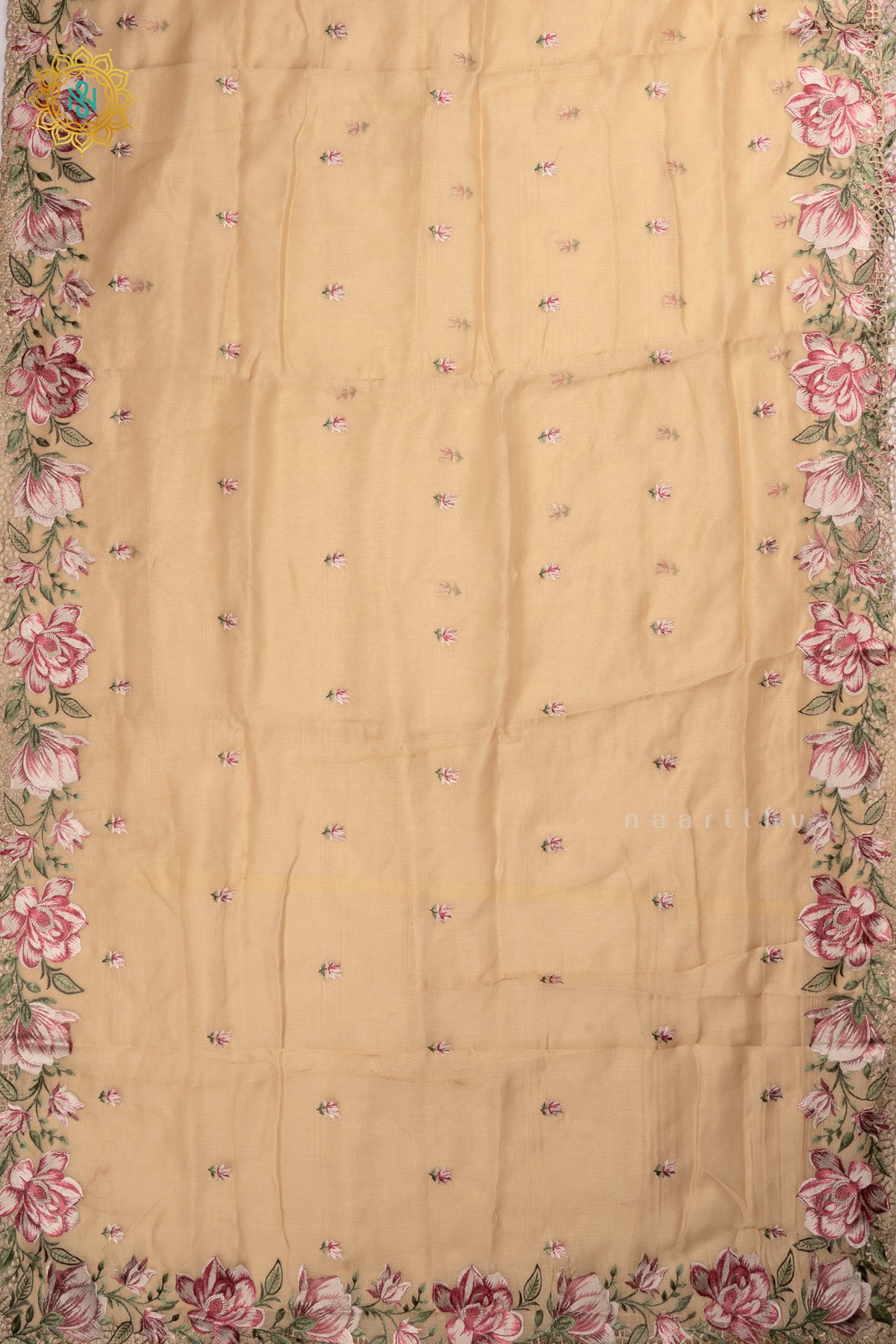 Beige Organza Tissue Saree Allover Embroidery Buttas with Cutwork and Embroidery Border