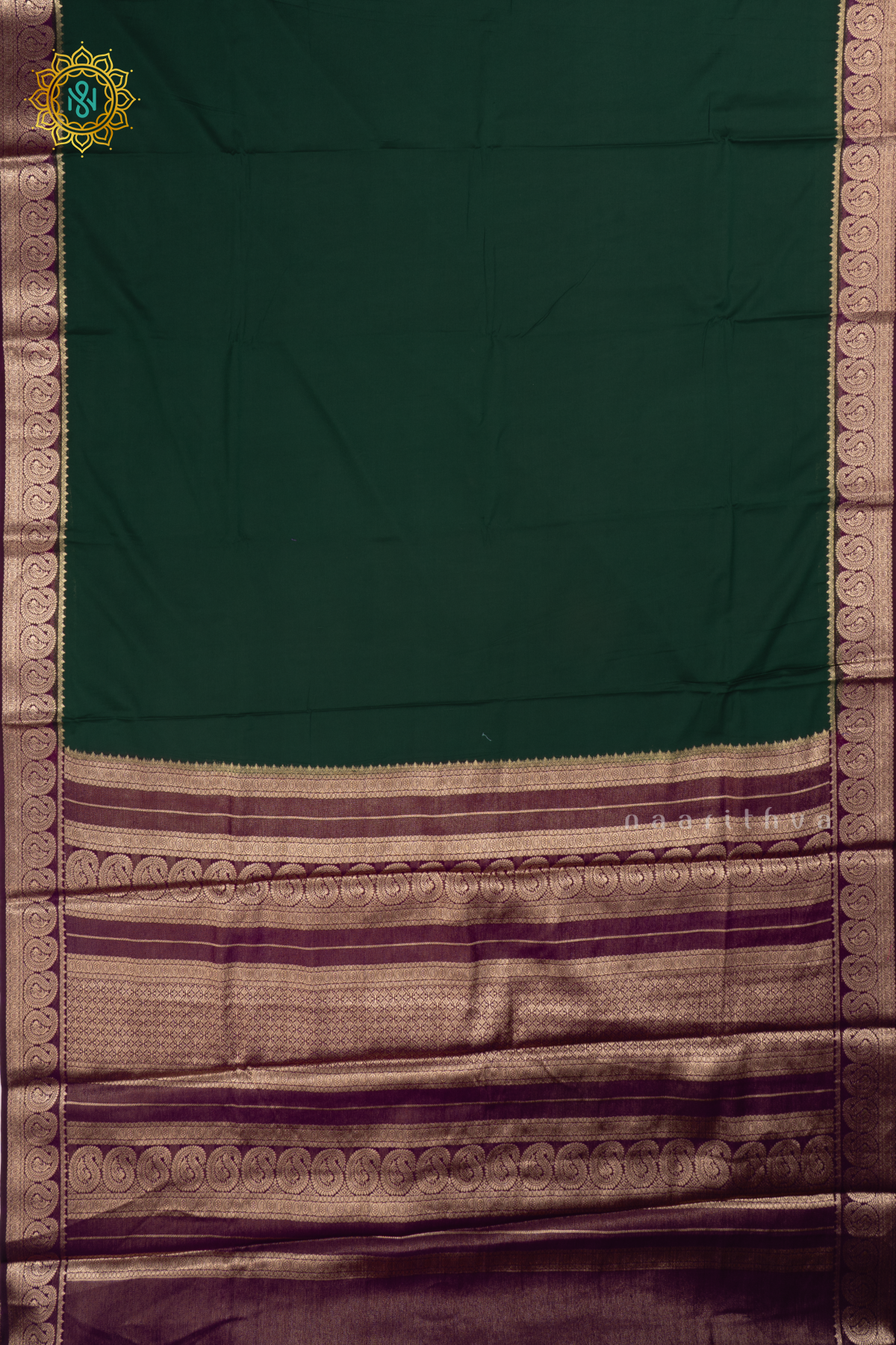 Bottle Green With Depp Purple - Semi Mysore Crepe Saree Allover Plain Body With Contrast Mango Zari Border