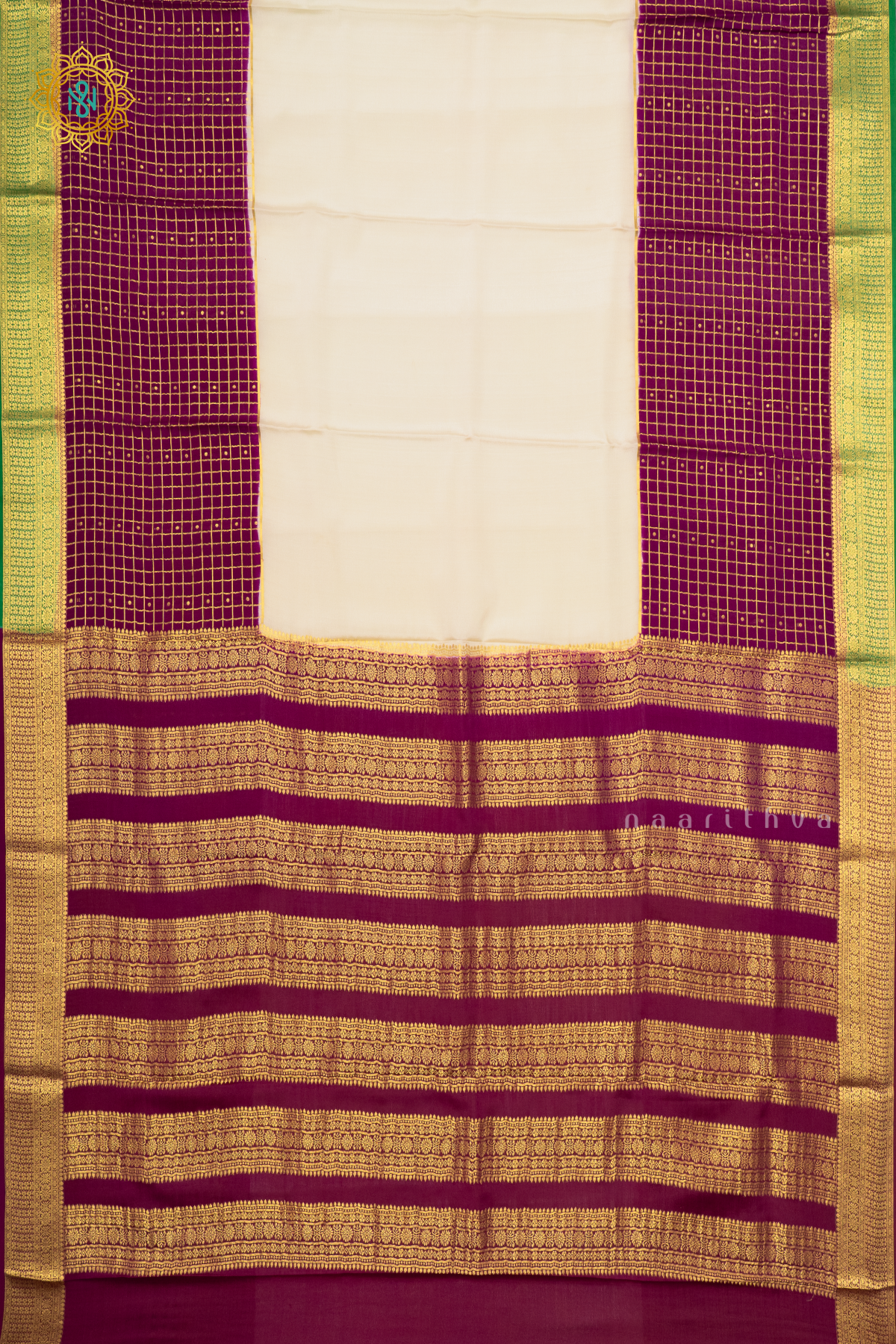 WHITE WITH WINE & GREEN - PURE MYSORE CREPE SILK