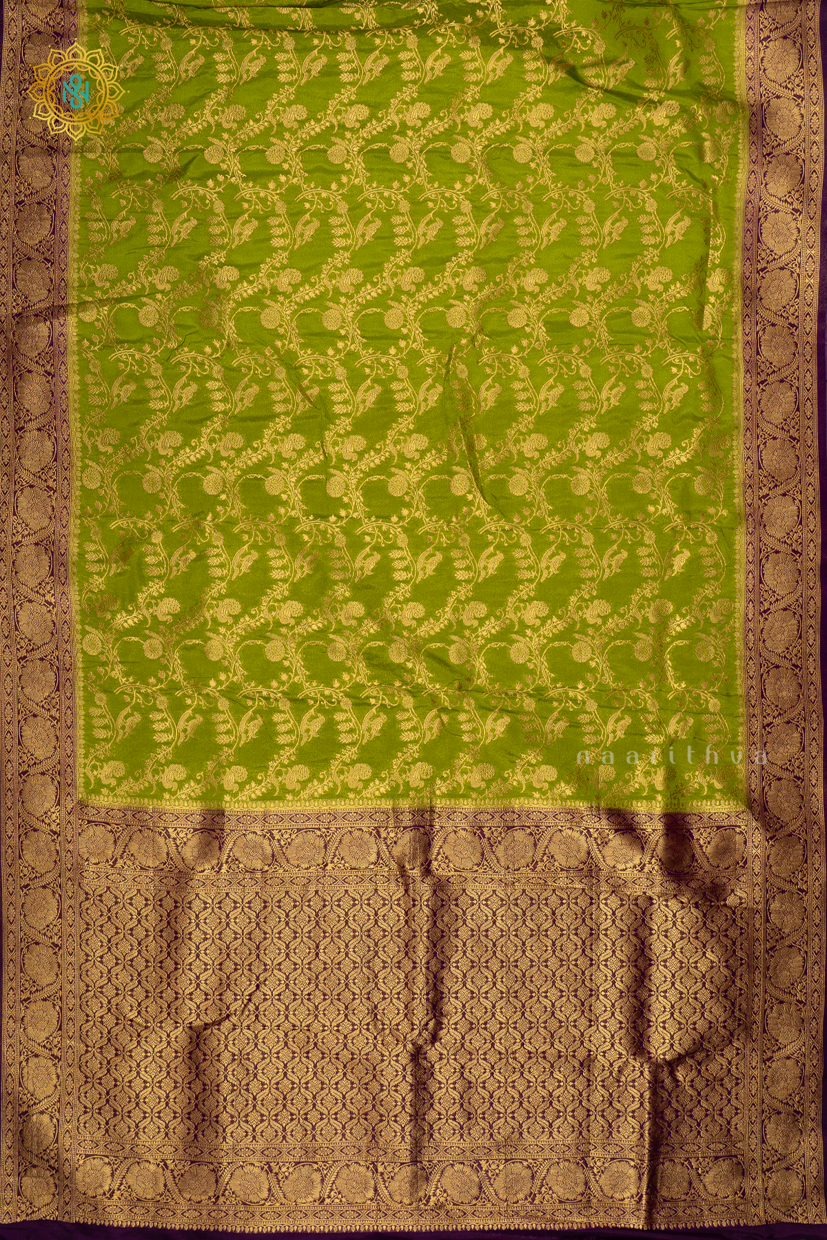 Green With Purple Semi Crepe Georgette Saree With Brocade Body And Contrast Zari Border