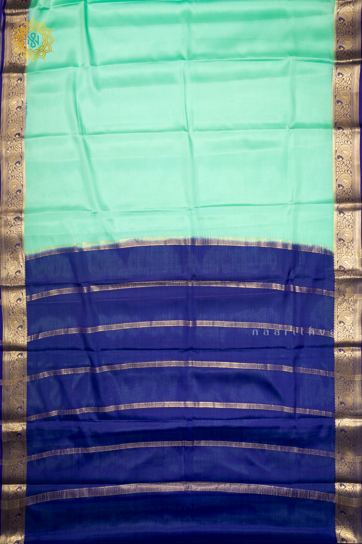 AQUA BLUE WITH ROYAL BLUE - PURE MYSORE CREPE SILK