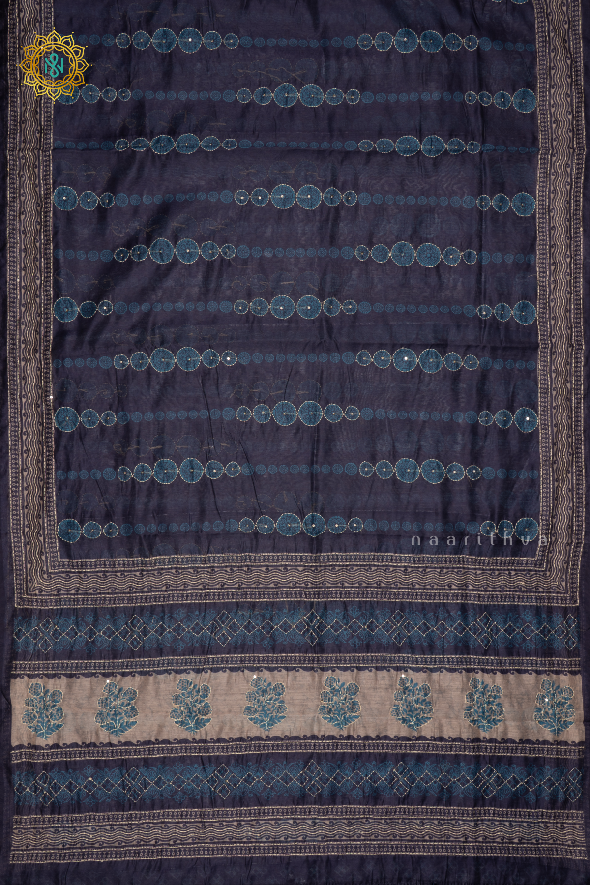 Indigo Chanderi Cotton Saree With Printed Body And Katha Work All Over