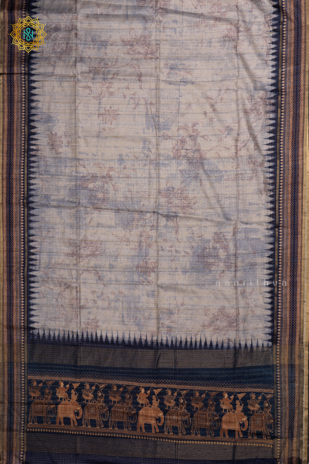 Light Blue With Dark Blue Semi Tussar Silk Saree With Printed Body, Zari Stripes And Printed Border