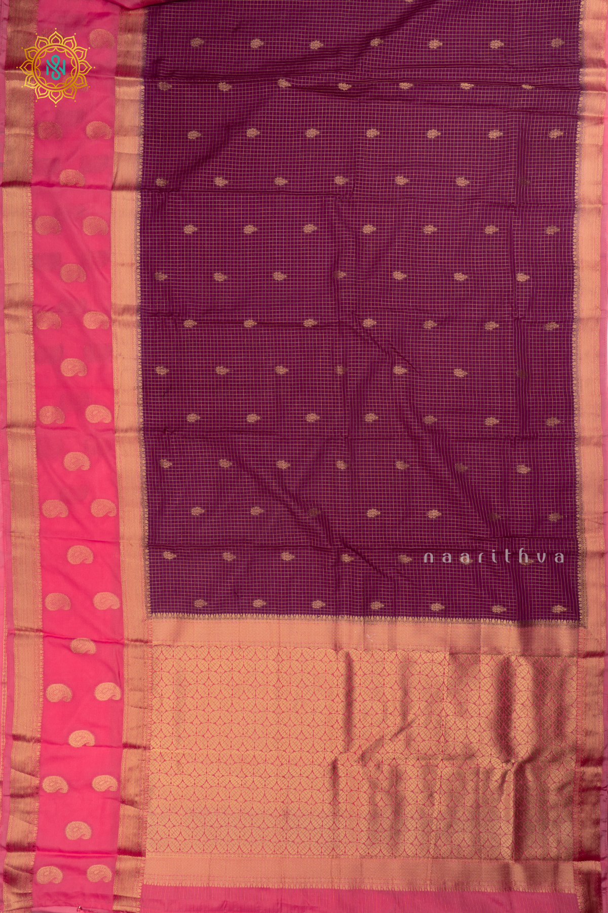 Wine with Light Pink Semi Mysore Crepe Silk Saree with All-Over Zari Checks and Buttas and a Contrast Zari Gap Border