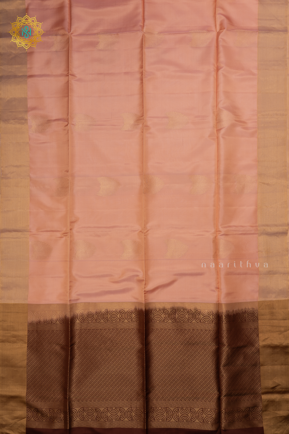 Peachish Pink with Brown Pure Mix Kanjivaram Soft Silk Saree with All-Over Zari Buttas and a Contrast Zari Border