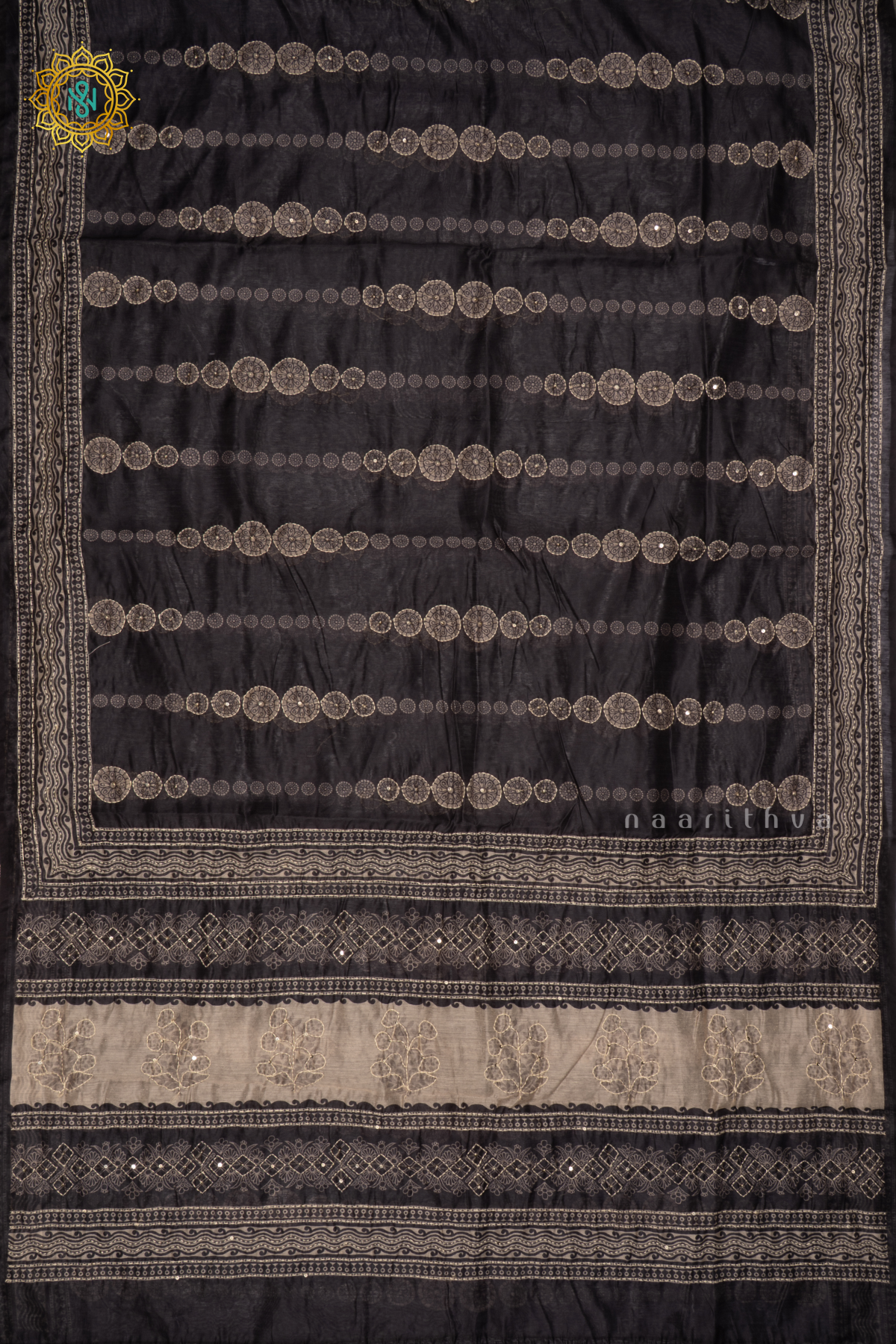 Black Chanderi Cotton Saree With Printed Body And Katha Work All Over