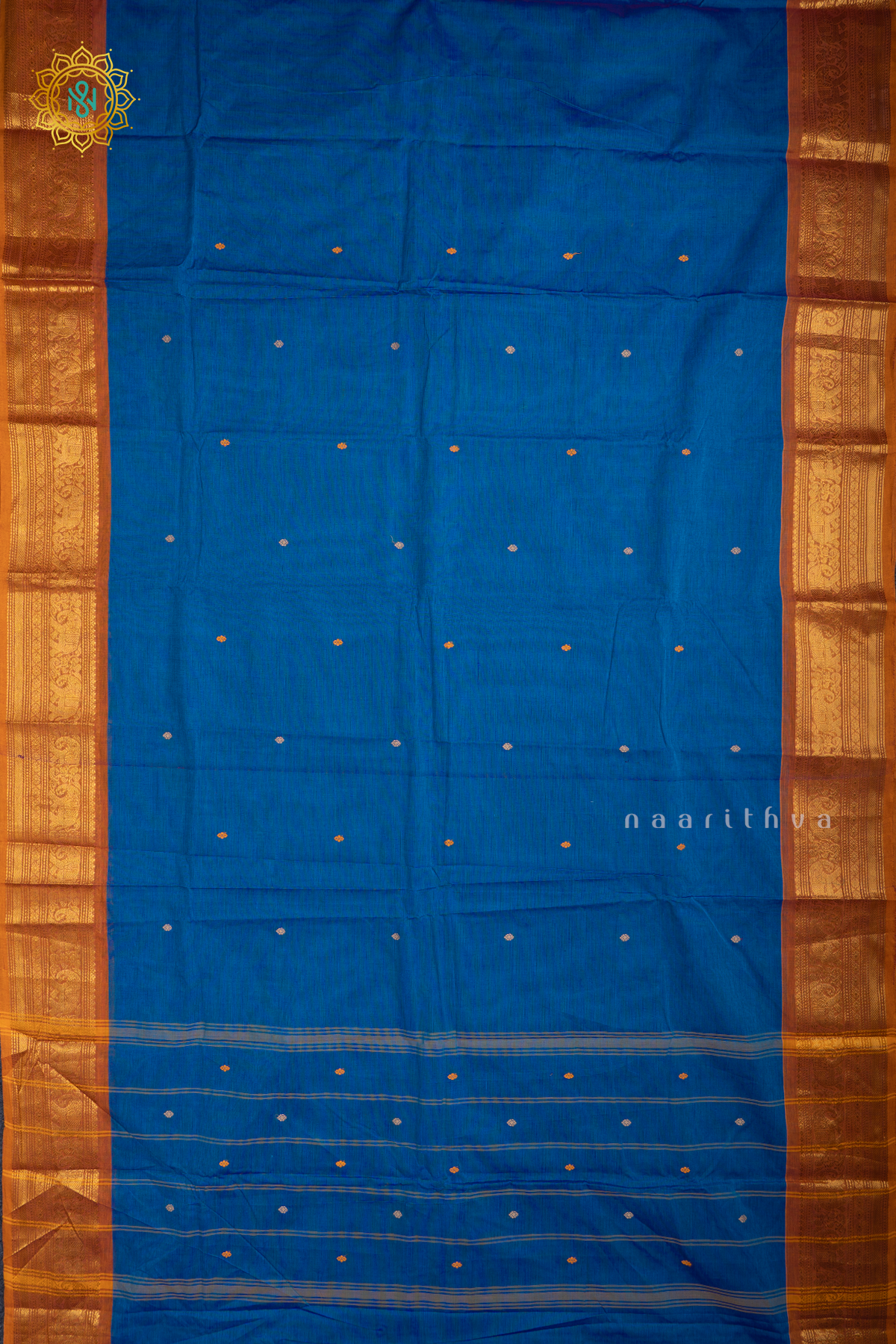 Blue With Mustard Chettinad Cotton Saree With Thread Woven Buttas & Contrast Border