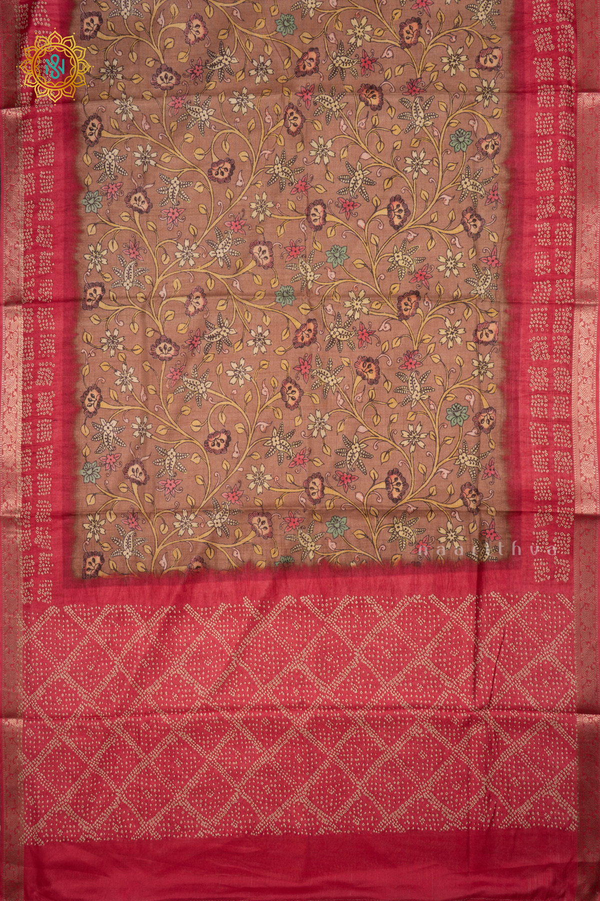 Light Brown With Pink Linen Tussar Saree With Printed Body