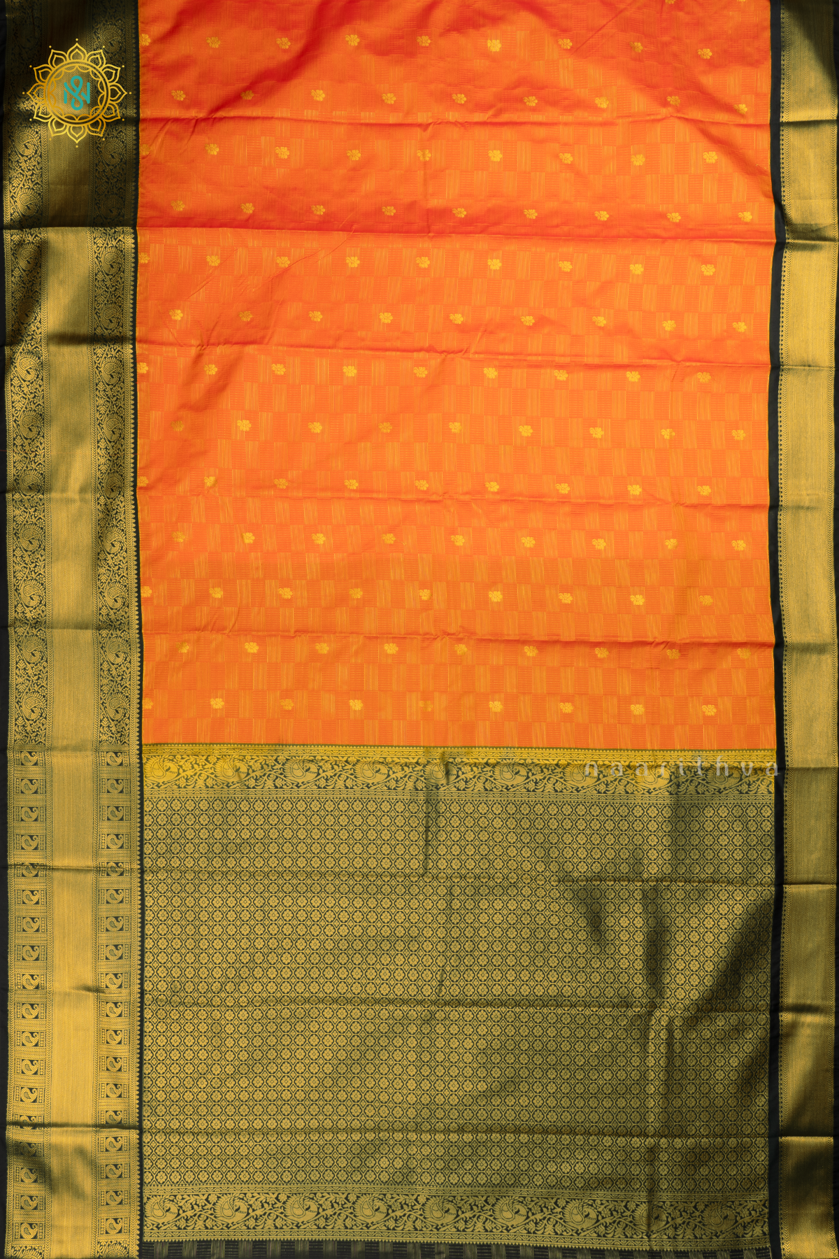 Orange with Dark Peacock Green Semi Kanchi Saree With Zari Buttas All Over And Contrast Zari Border