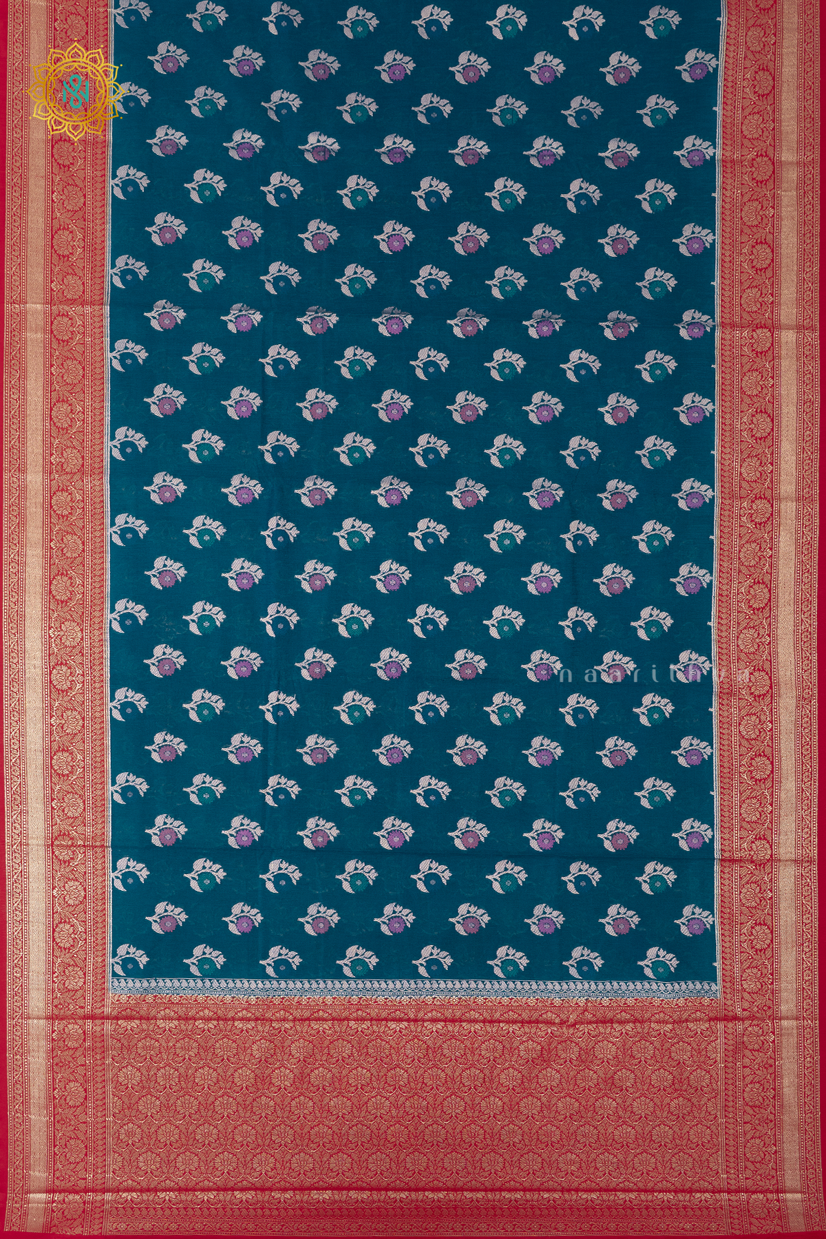 TEAL BLUE WITH RED - JUTE COTTON