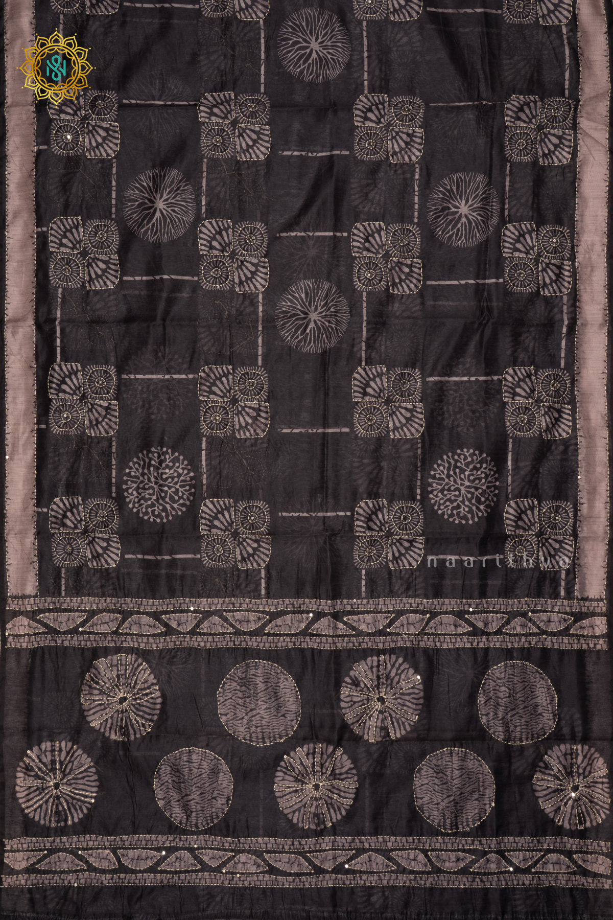 Black Chanderi Cotton Saree With Printed Body And Katha Work All Over