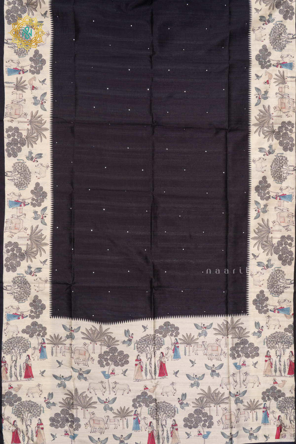 BLACK WITH WHITE - SEMI TUSSAR SILK