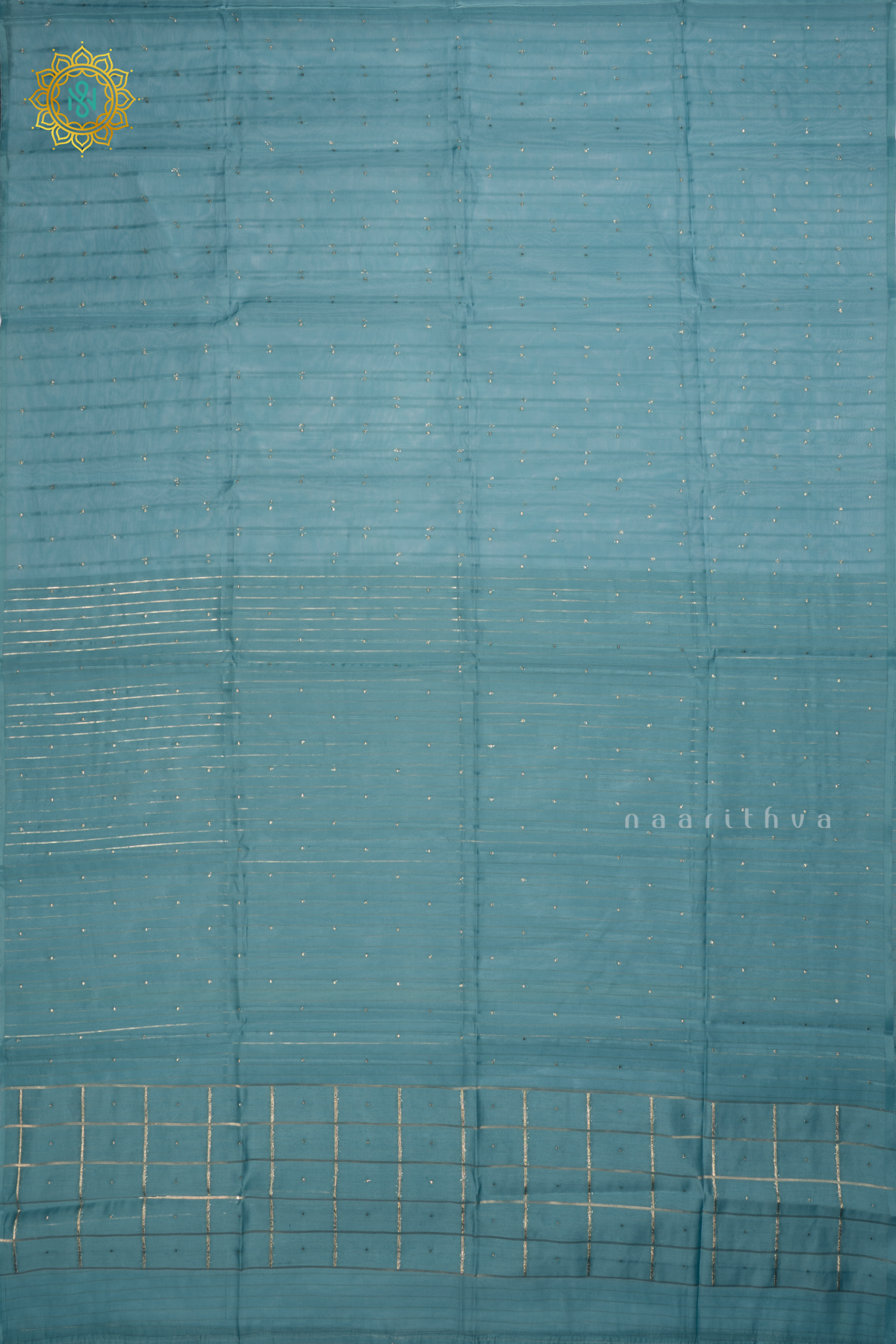 Sky Blue Organza Saree With Zari Buttas And Stripes With Checks On Pallu And Blouse