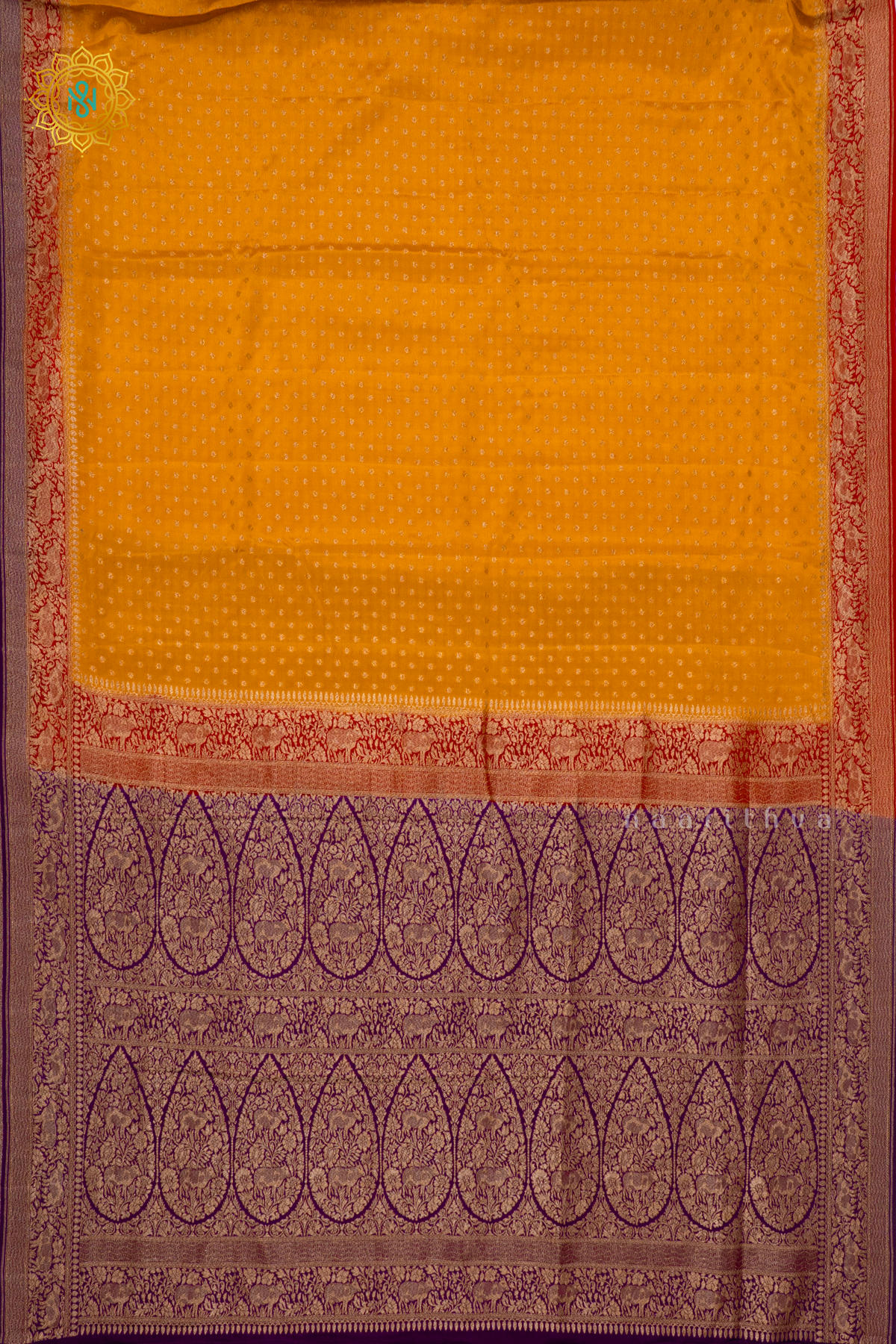 MANGO YELLOW WITH MAROON & WINE - PURE BANARASI CREPE SILK