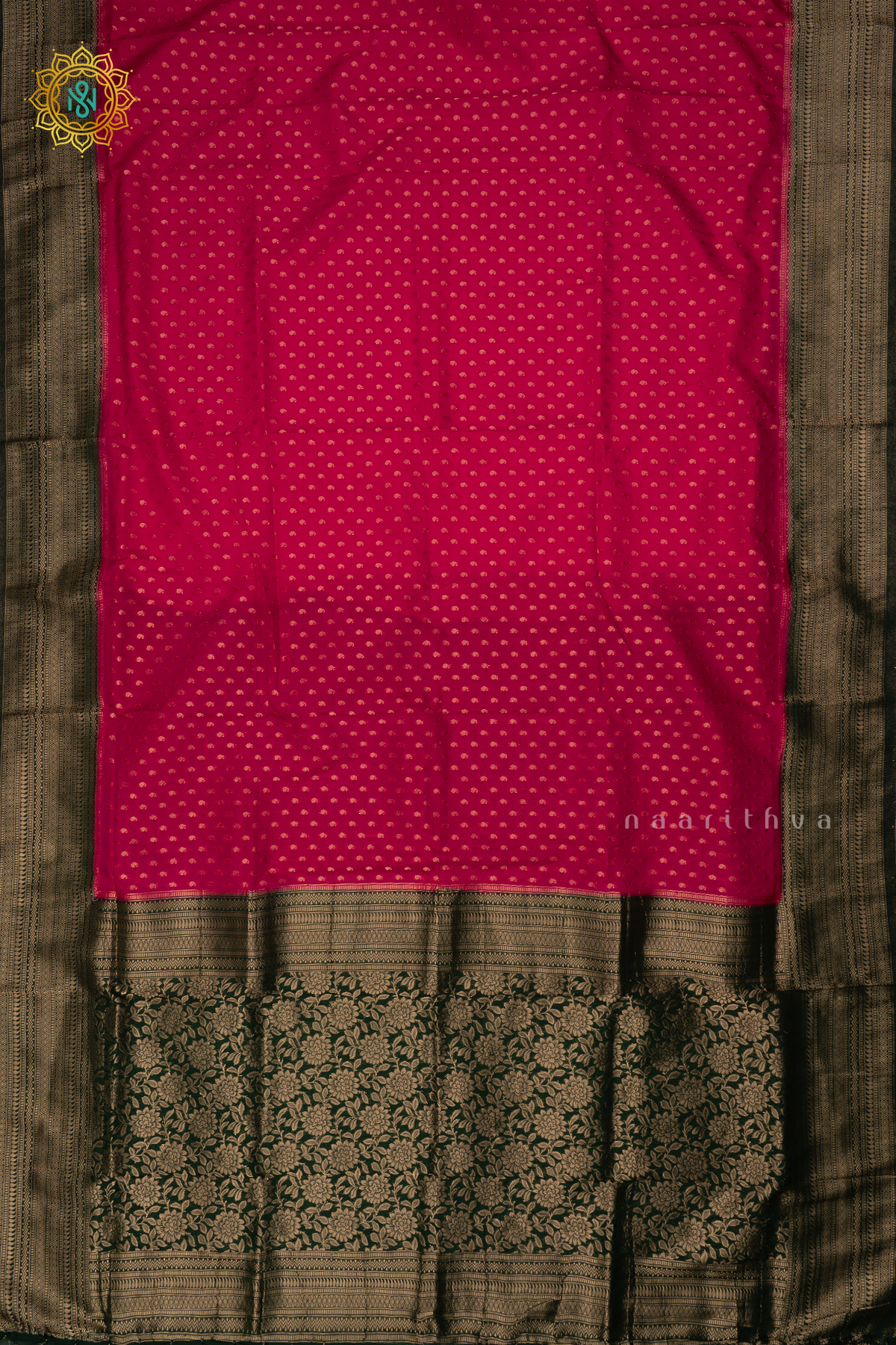 Rani Pink with Bottle Green Semi-Crepe Georgette Saree with Zari Buttas on the Body and a Contrast Zari Border