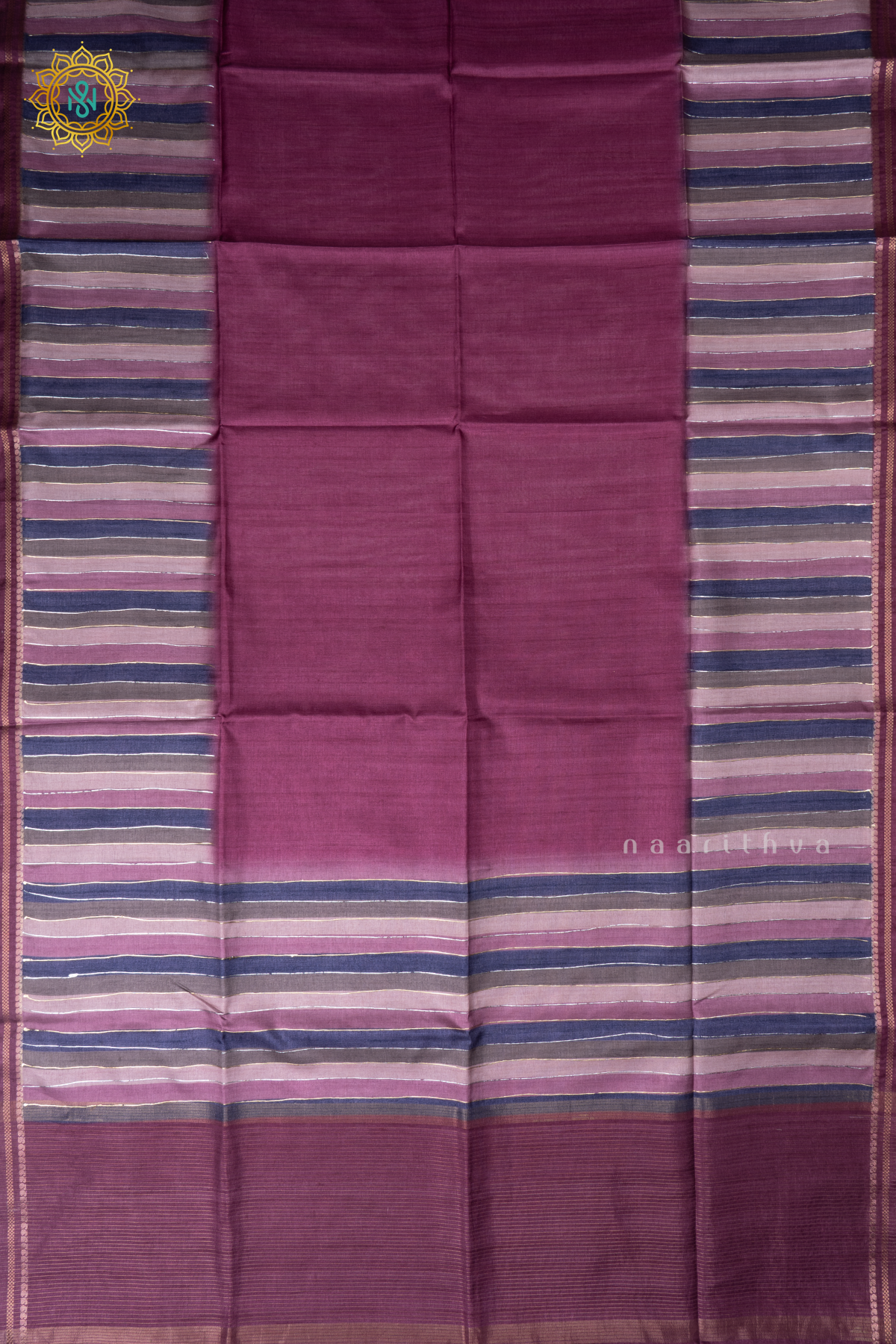 Wine Semi Tussar Silk Saree With Vertical Stripes & Contrast Pallu