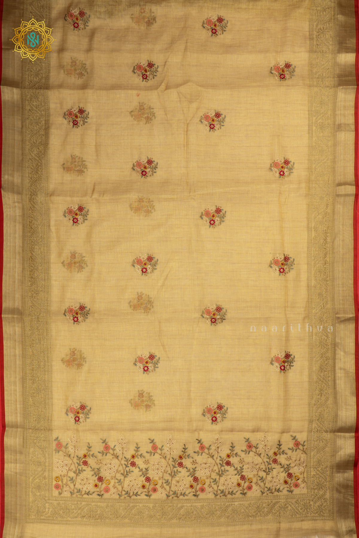 Yellow - Linen Tissue Saree Allover Thread Work Buttas with Tissue Border