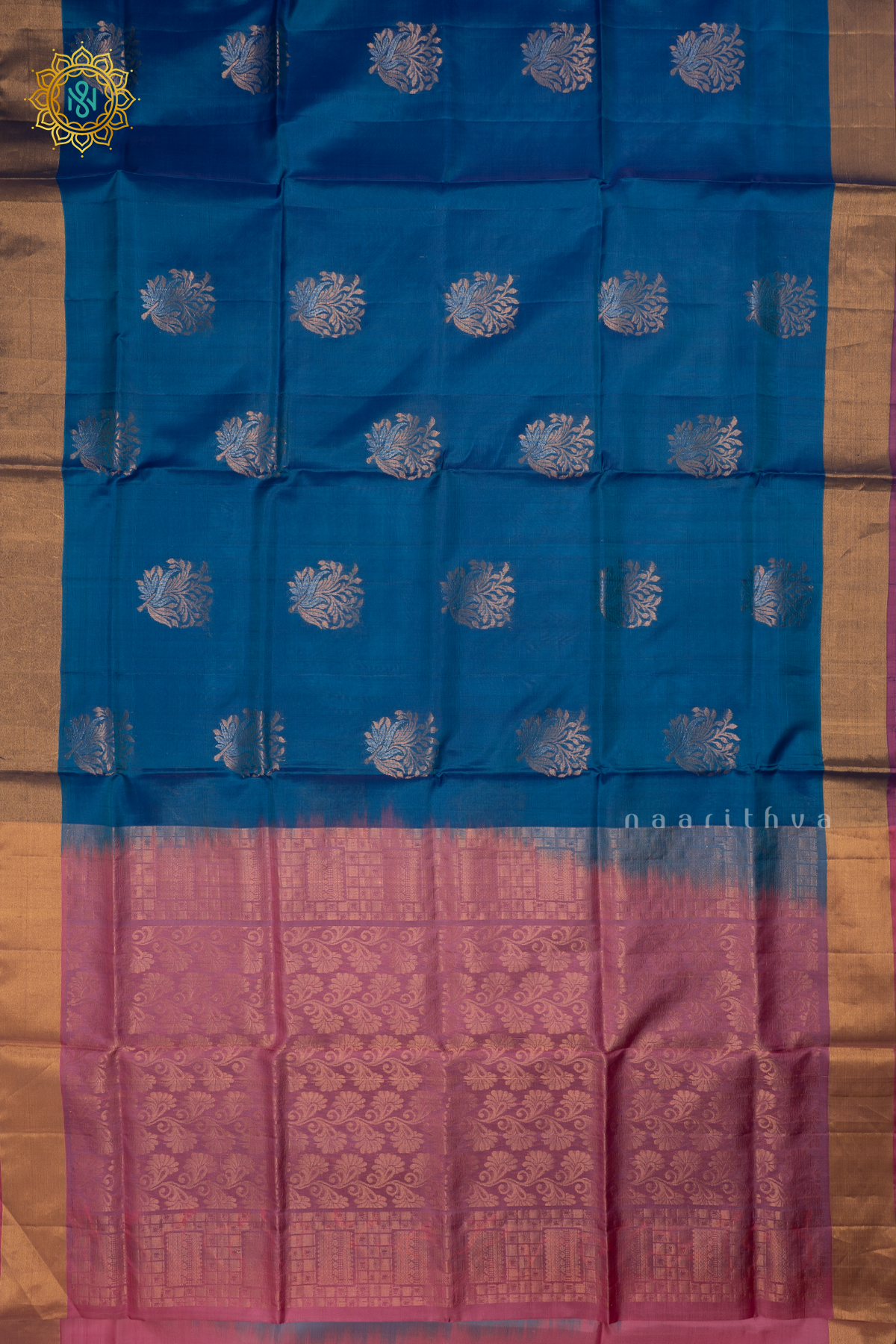 Blue with Pinkish Lavender Pure Mix Kanjivaram Soft Silk Saree with All-Over Zari Buttas and a Contrast Zari Border