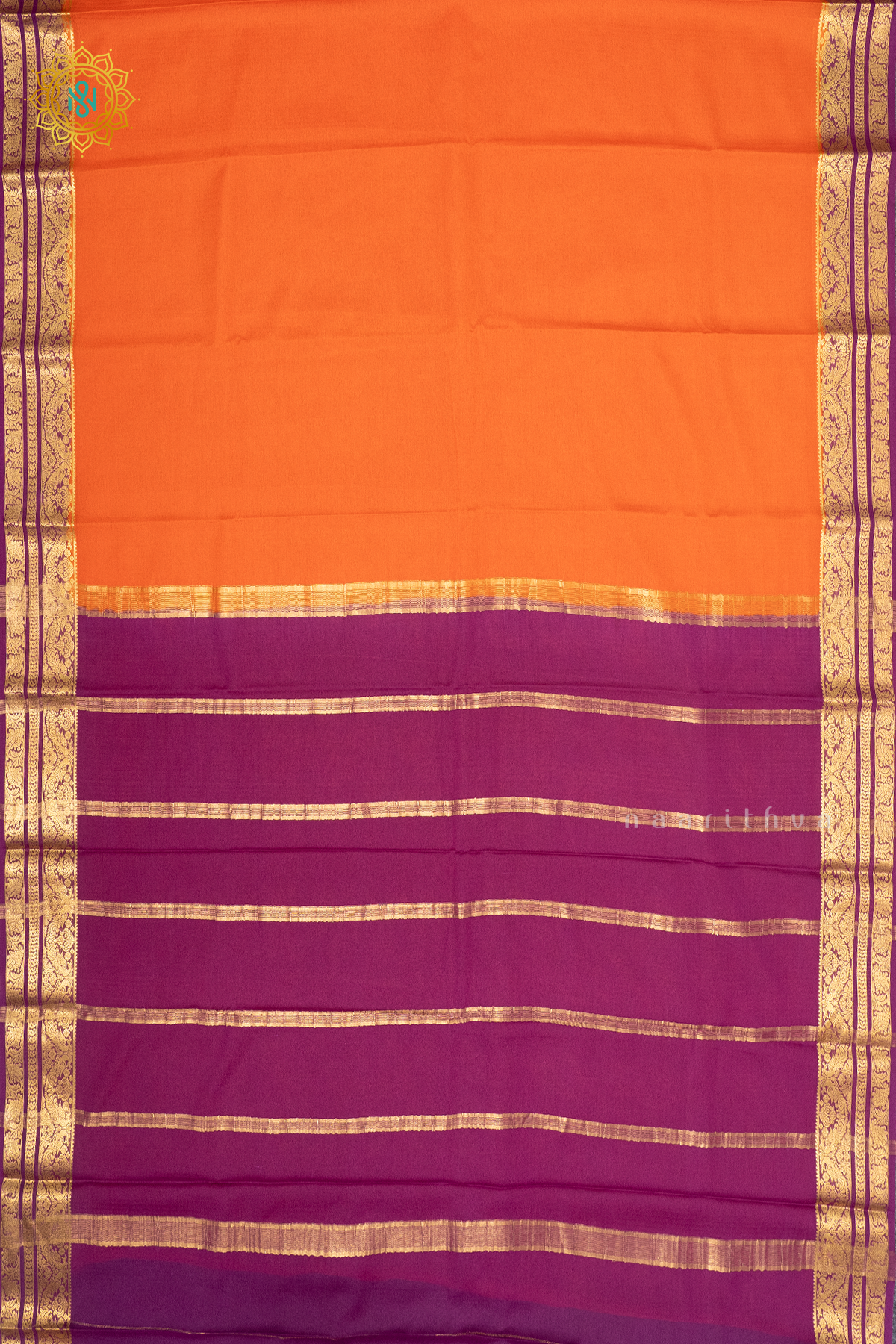ORANGE WITH PURPLE - PURE MYSORE CREPE SILK
