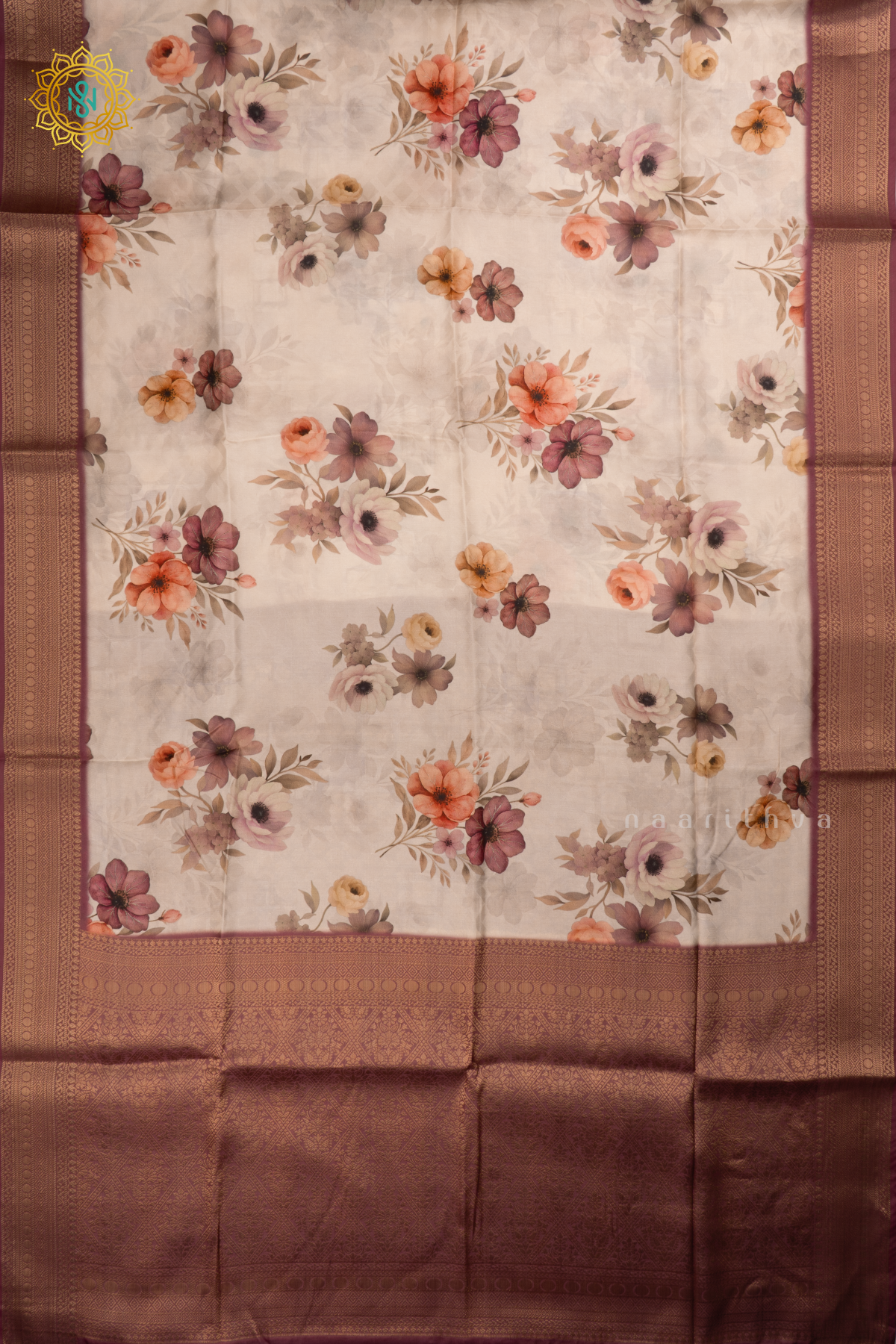 White with Light Brown Semi Crepe Silk Saree with Printed Body, Zari Border, and Zari Pallu