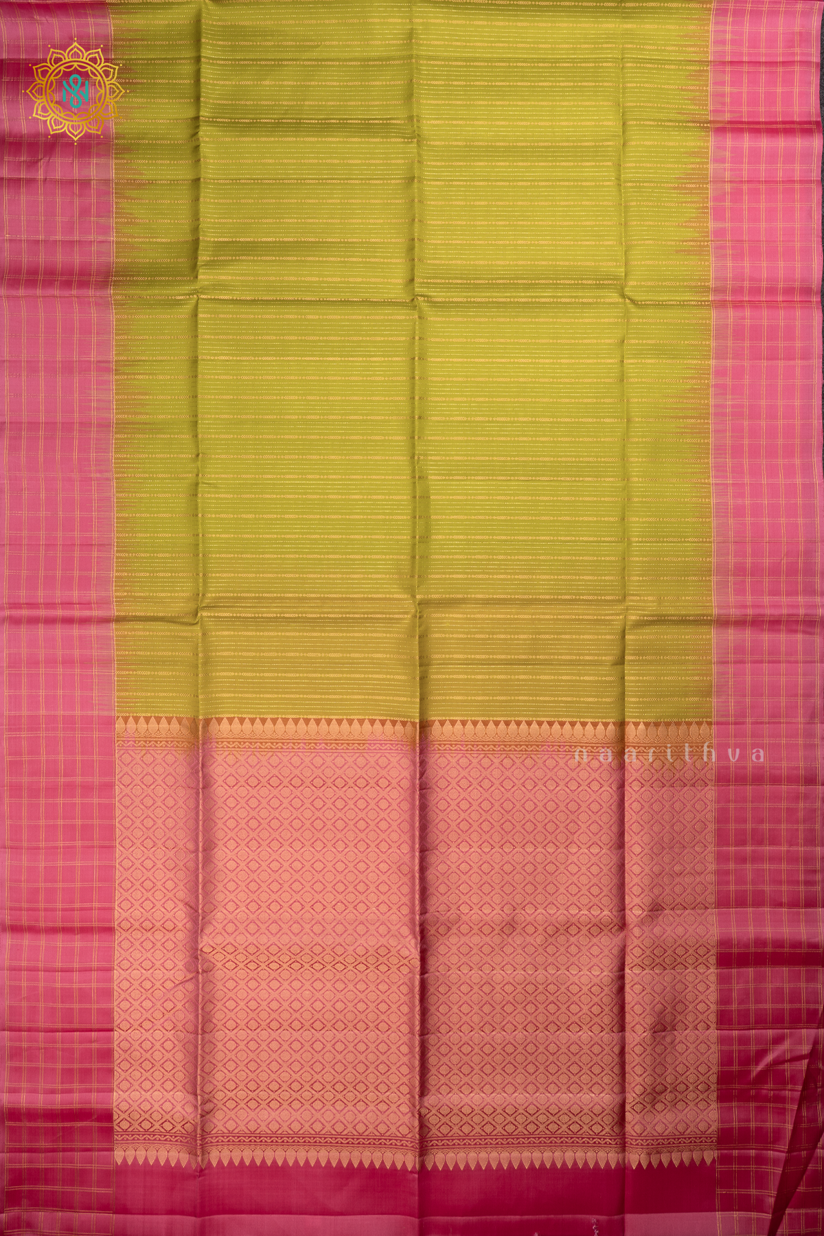 Electric Lime with Light Pink Pure Kanjivaram Soft Silk Saree With Allover Zari Stripes and Contrast Zari Checks Border