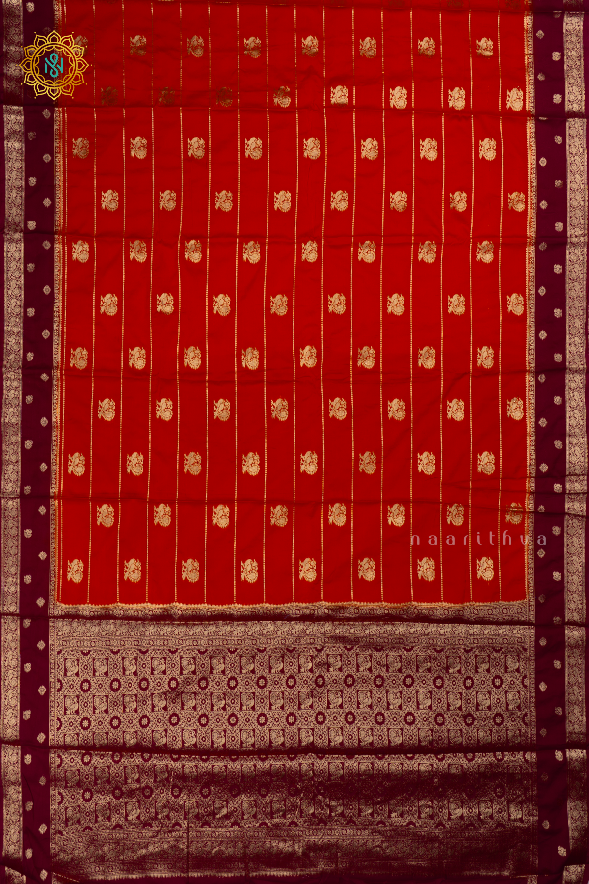 Rust Orange with Brown Semi Mysore Crepe Silk Saree with All-Over Zari Stripes and Zari Buttas on the Body and a Contrast Zari Border