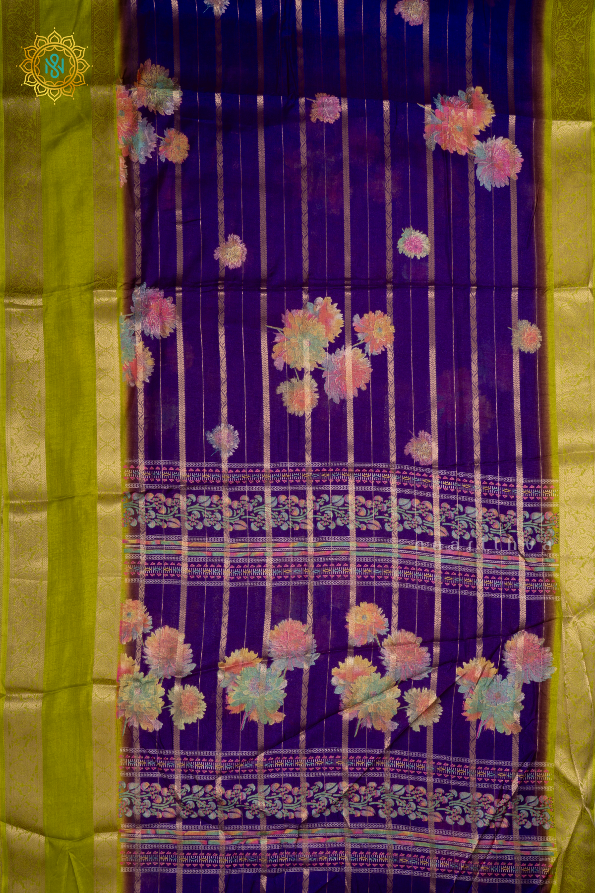 Purple With Lemon Green Dola Silk Saree Allover Printed Buttas And Zari Stripes With Contrast Zari Gap Border