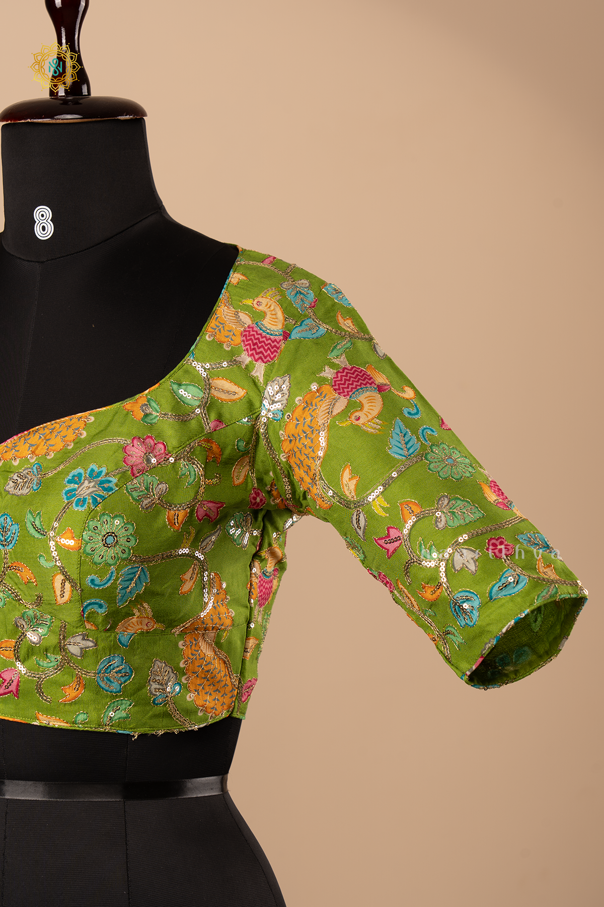 PARROT GREEN - DOLA SILK READYMADE BLOUSE WITH POSITION PRINTS & AARI WORK