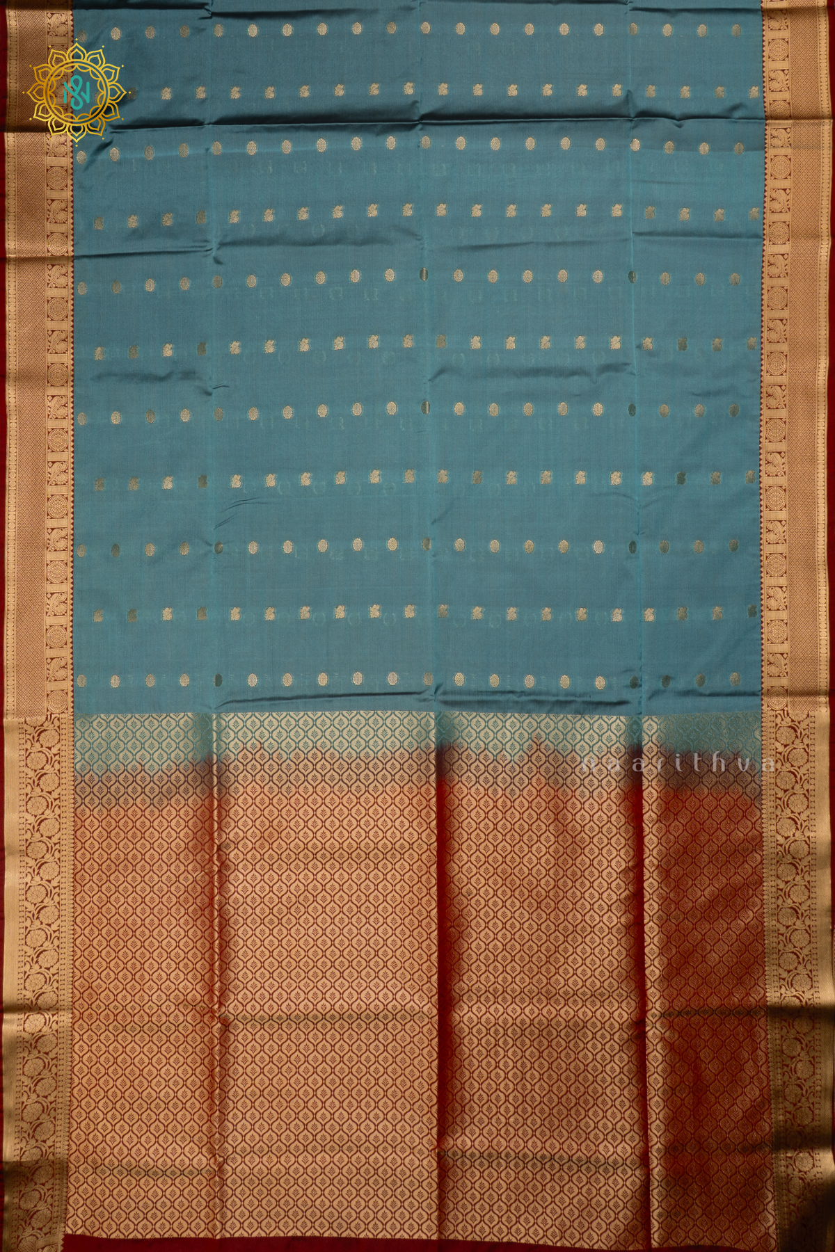 Sky Blue With Maroon Semi Soft Silk Saree Allover Zari Buttas And Contrast Zari Border