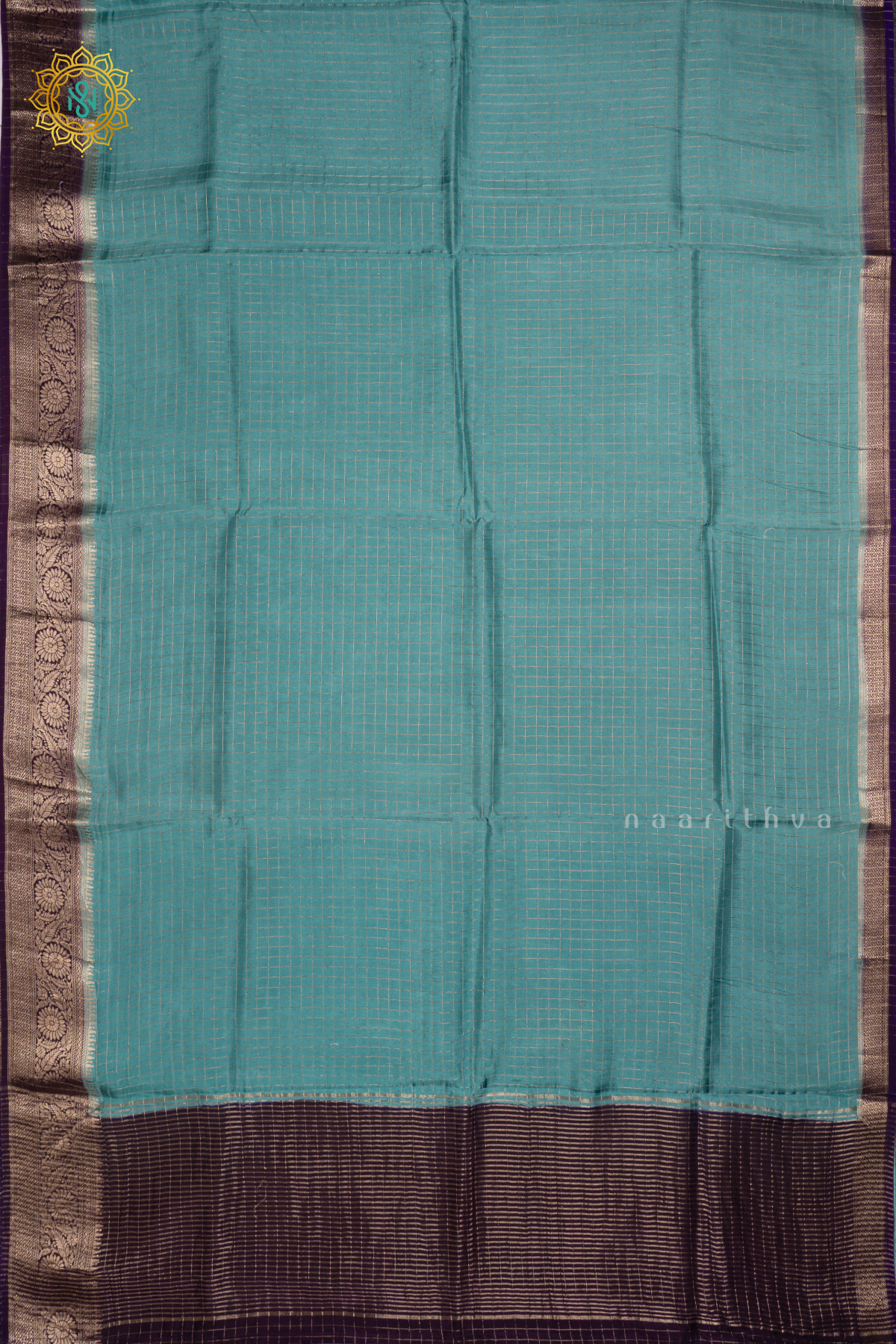 Aqua Blue With Purple - Semi Crepe Silk Saree