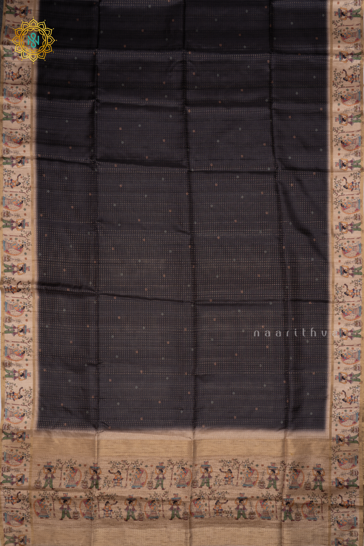 Black Semi Tussar Silk Saree With Zari Stripes And Printed Border