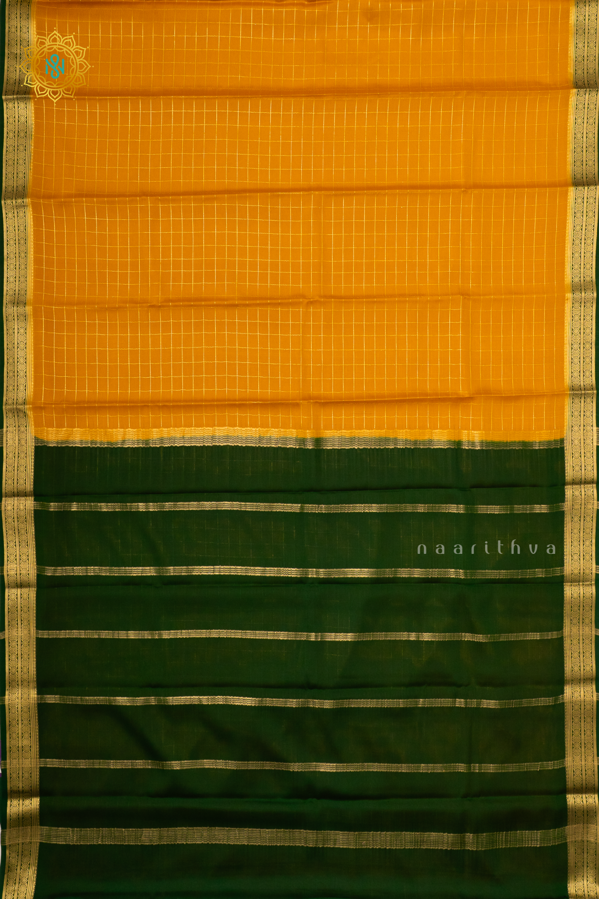 YELLOW WITH GREEN - PURE MYSORE CREPE SILK