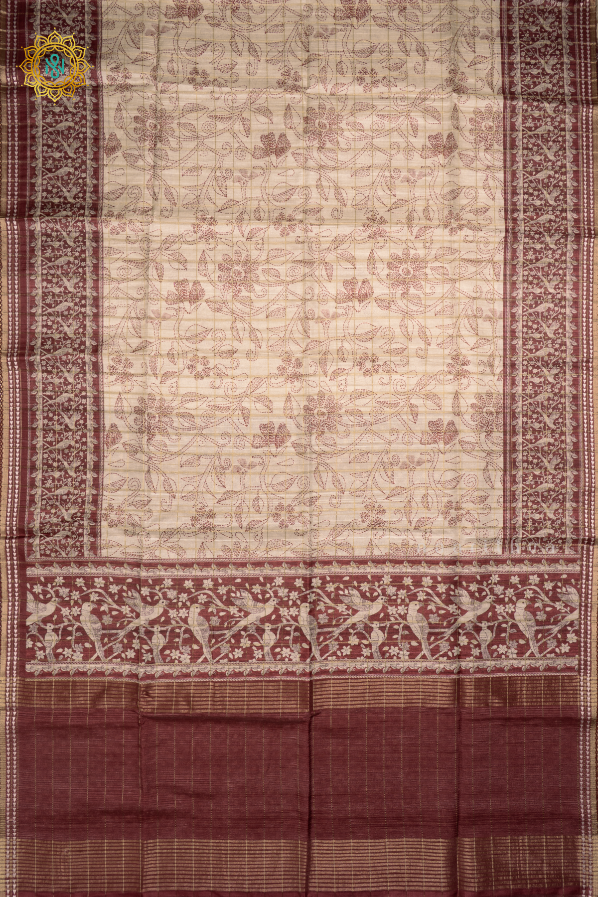 Off White With Brown Semi Tussar Silk Saree with Printed And Zari Striped Body With Thread Woven Tissue Border