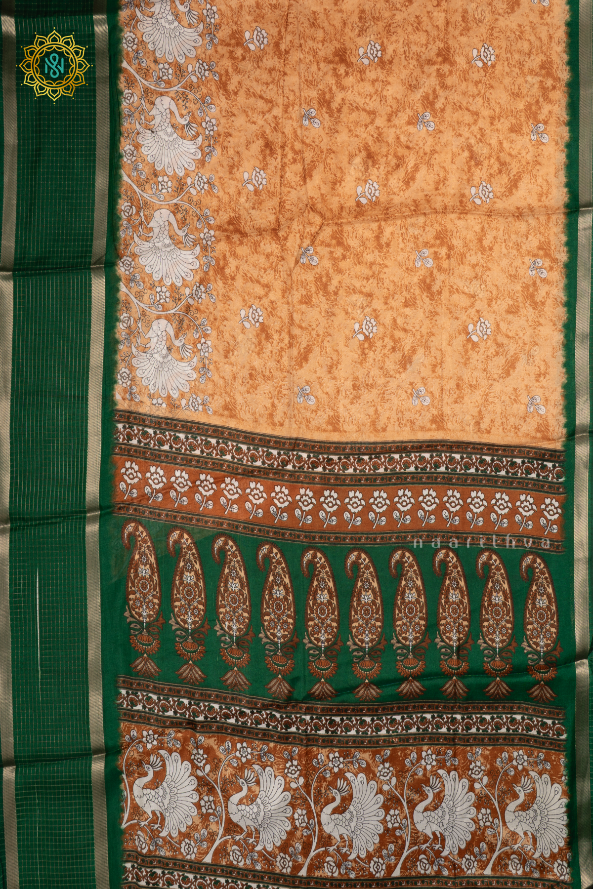 Light Brown With Green Dola Silk Saree With Printed Body And Contrast Zari Checks Border