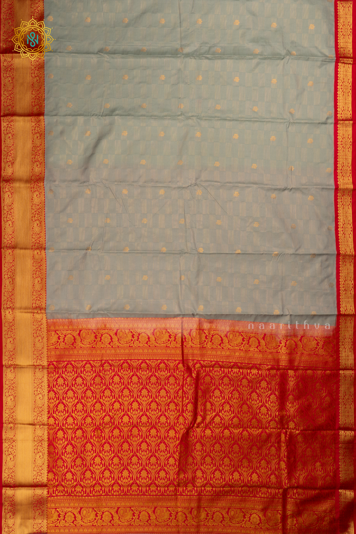 Sage Green with Rani Pink Semi Kanchi Saree With Zari Buttas All Over And Contrast Zari Border
