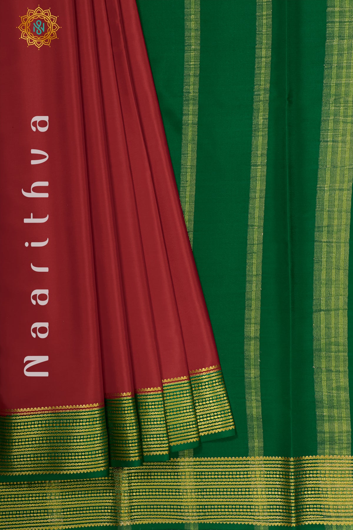 Red with Green Mysore Crepe Silk Allover Plain Body with Contrast Zari Border