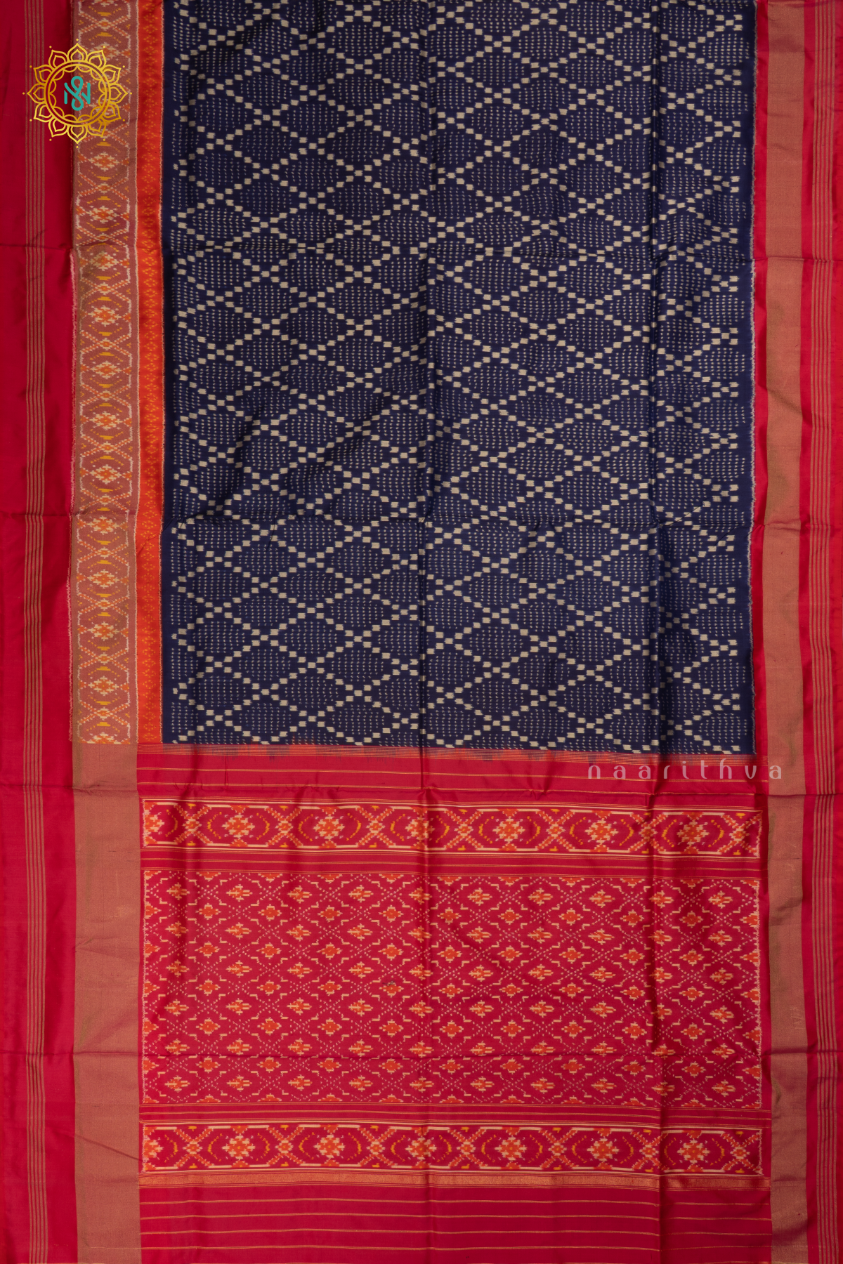 Navy Blue with Pink Ikkat Pure Silk Saree with Patola Printed Body and Zari Border