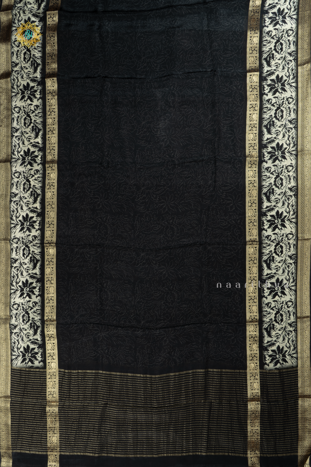 Black With Off White Printed Semi Crepe Silk Saree With Contrast Bentex Zari Border & Pallu