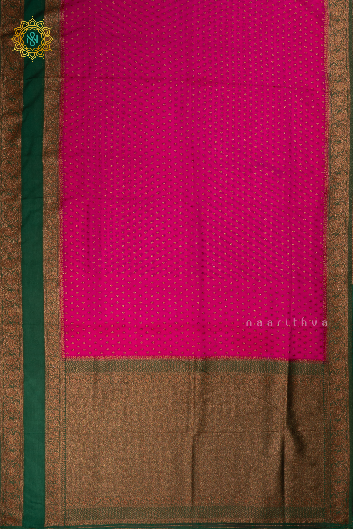 Pink With Green Semi Georgette Saree With Zari Buttas All Over And Contrast Zari Gap Border