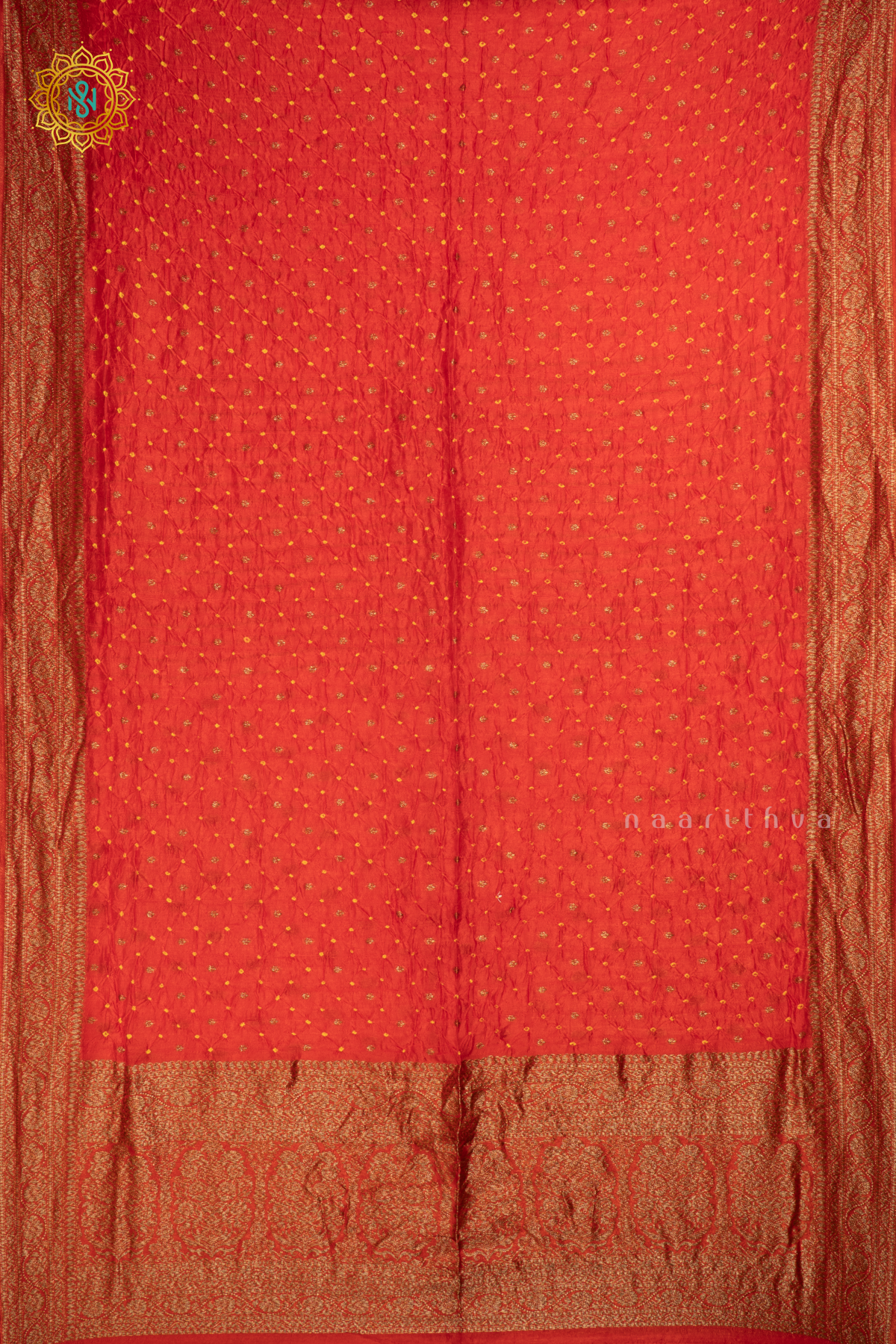 Orange Semi Tussar With Bandhani Tieand Dye